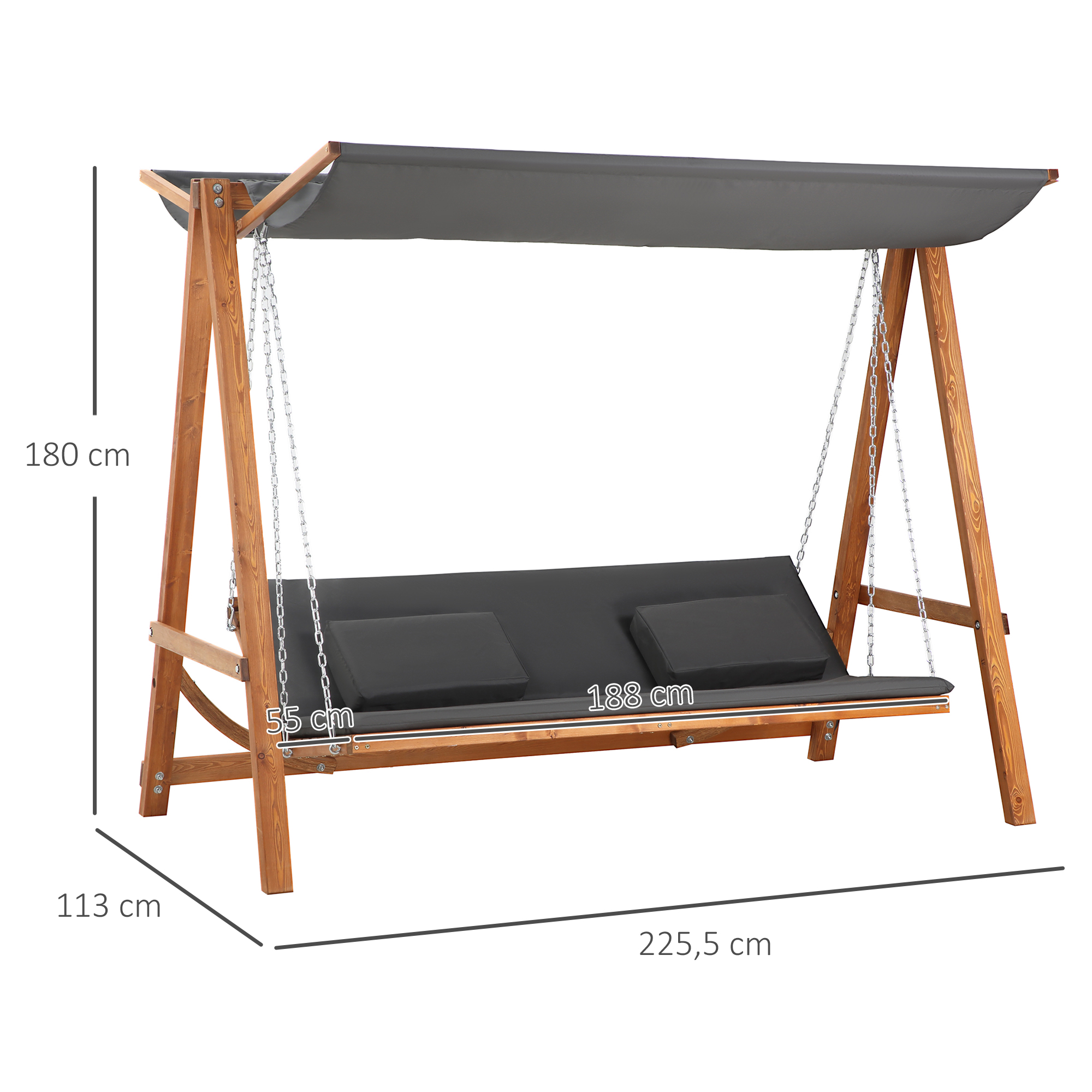 OUTSUNNY Záhradná trojmiestna hojdačka HOLLYWOOD s funkciou lôžka drevená 226 x 180 x 113 cm sivá – Obrázok 7