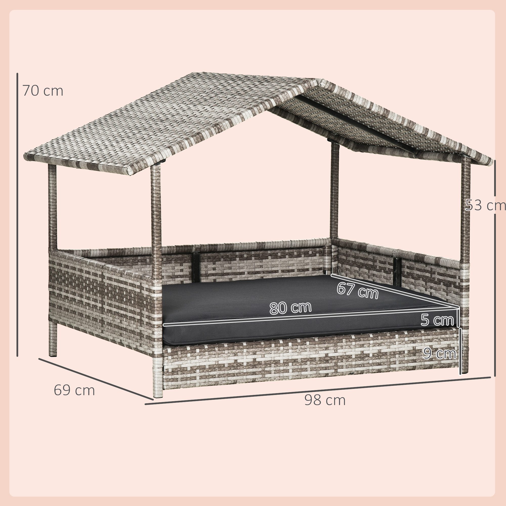 PAWHUT Ratanový prístrešok pre psov s vankúšom 98 x 73 x 69 cm sivý – Obrázok 7