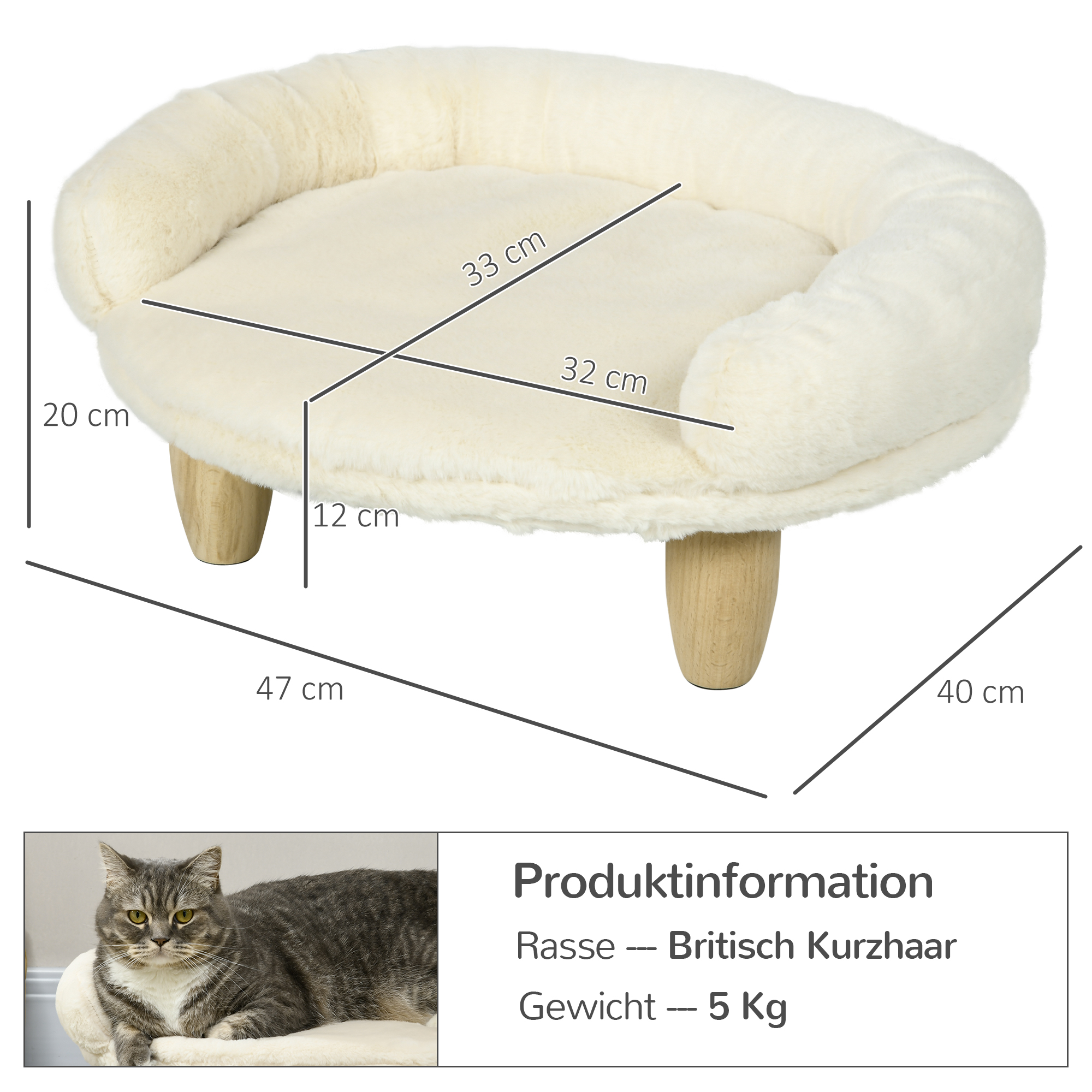 PAWHUT Oválna pohovka s drevenými nohami pre malé psy a mačky 47 x 20 x 40 cm krémová – Obrázok 7