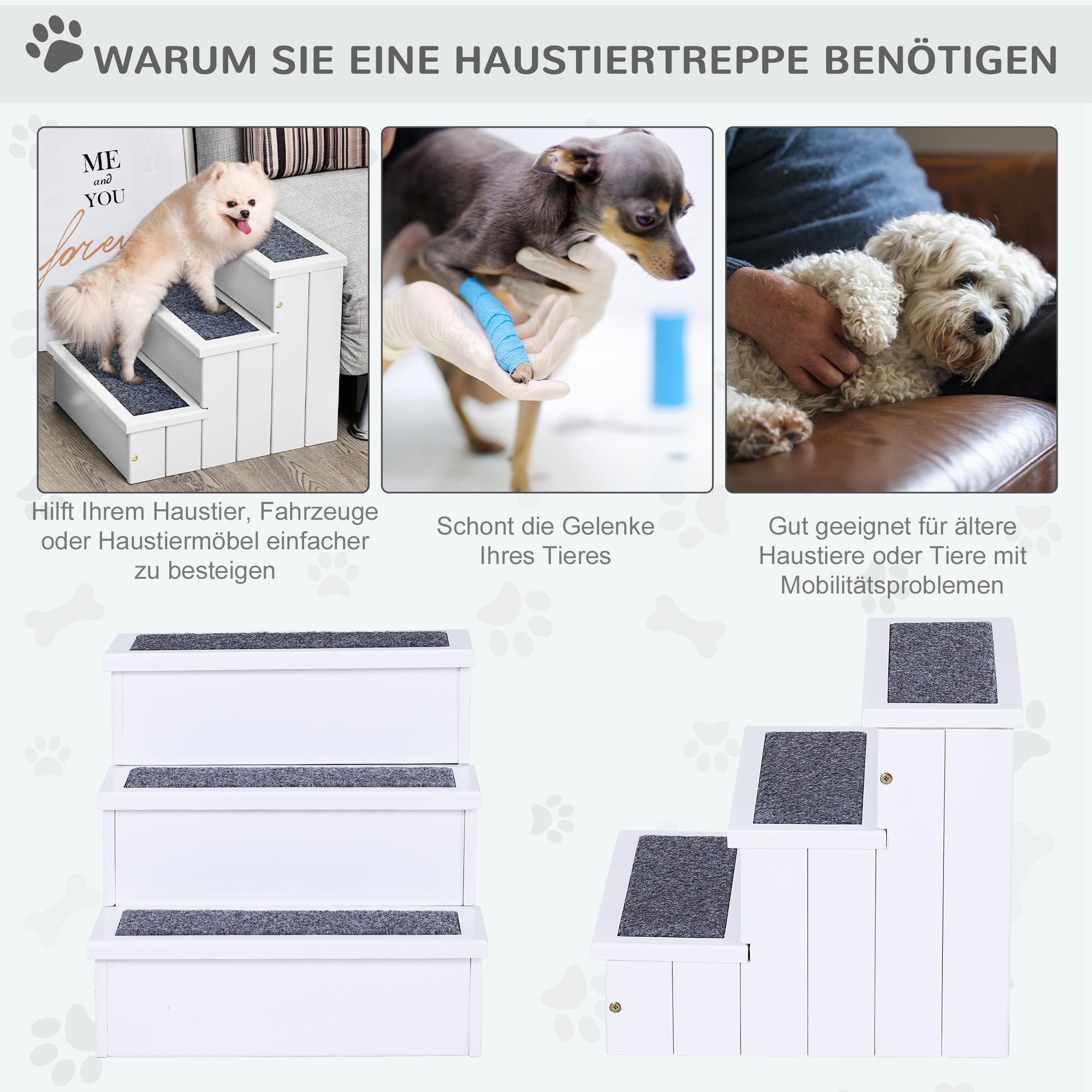 PAWHUT Schody pre psov s kobercom a úložným priestorom z borovicového dreva 41 x 38 x 45 cm biela – Obrázok 3