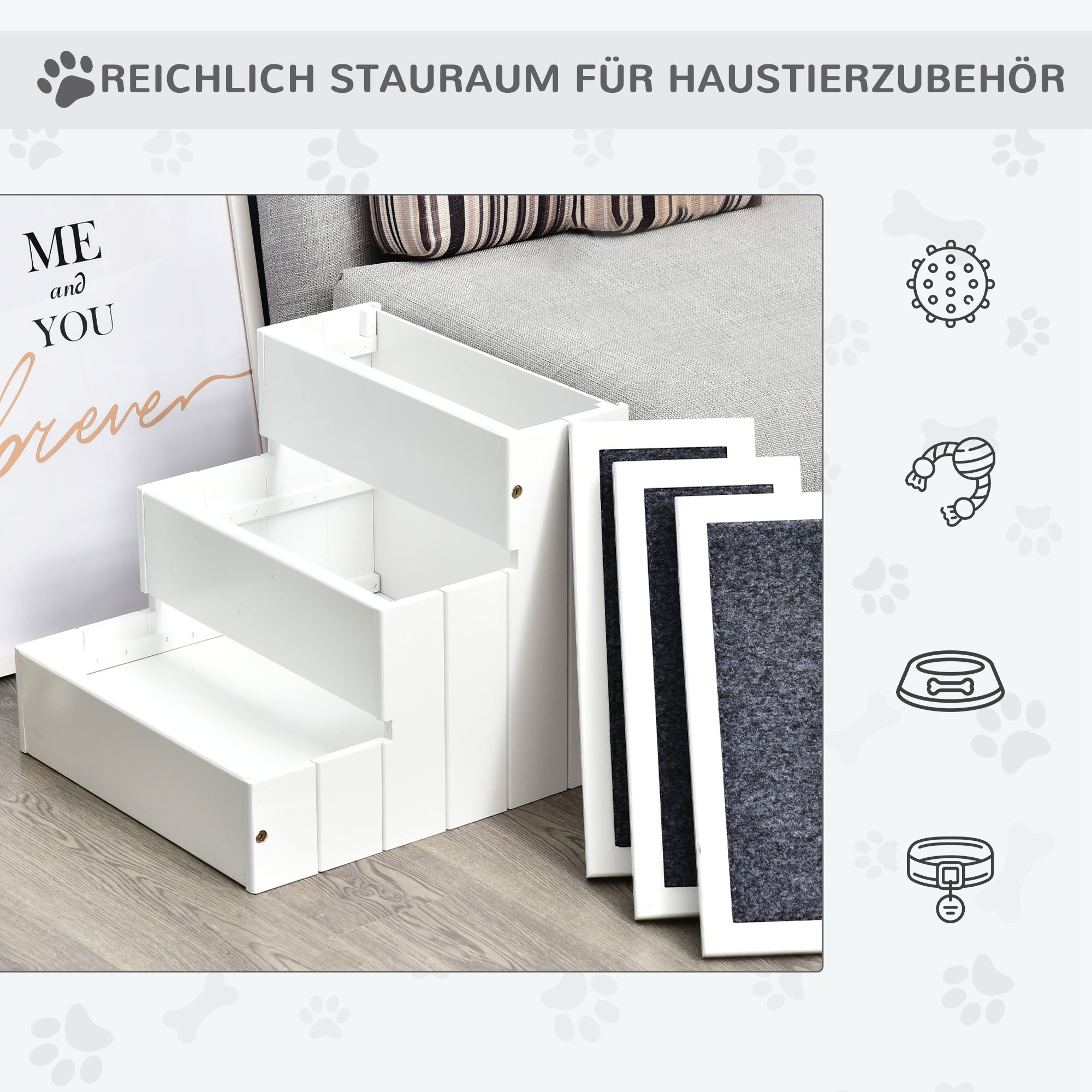 PAWHUT Schody pre psov s kobercom a úložným priestorom z borovicového dreva 41 x 38 x 45 cm biela – Obrázok 4