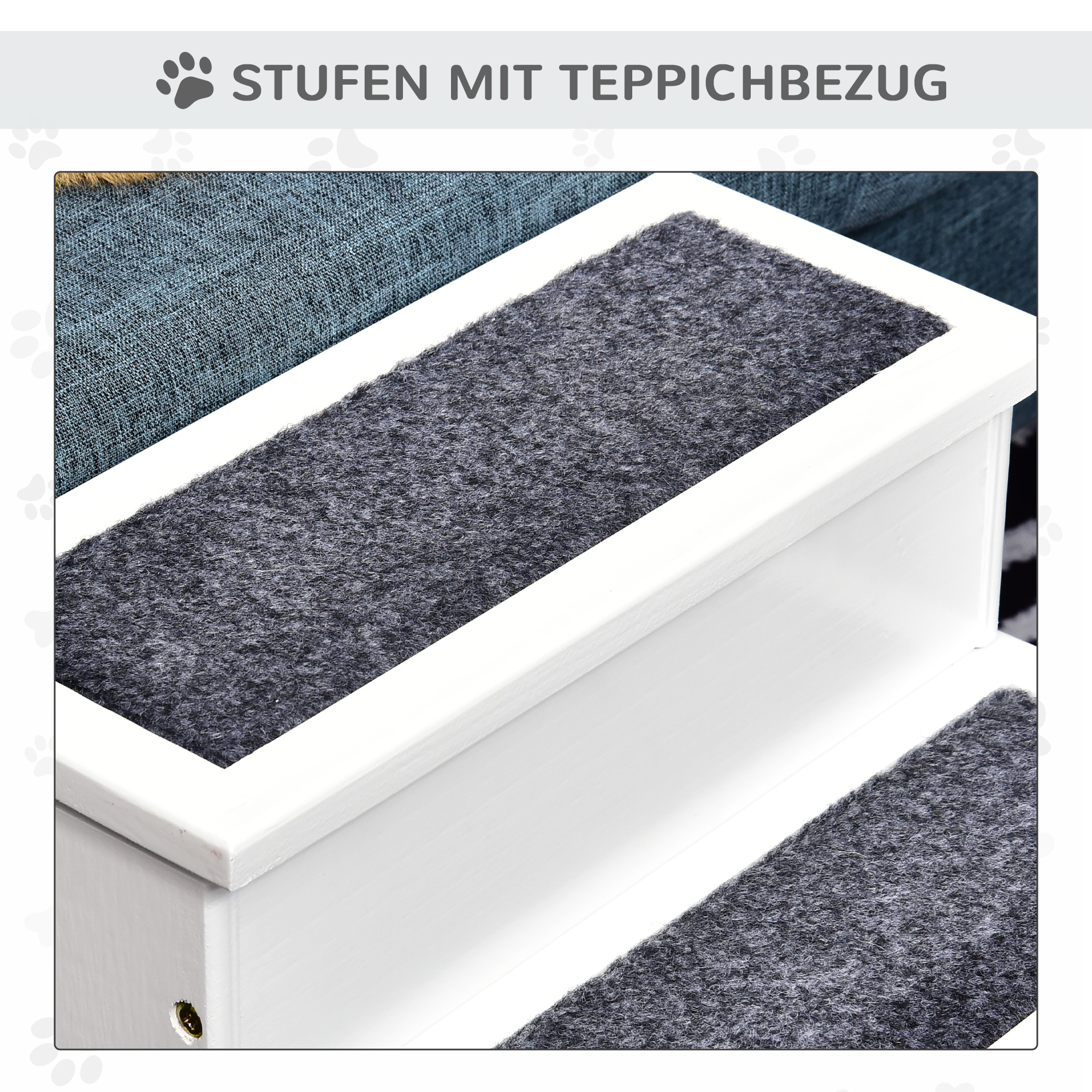 PAWHUT Schody pre psov s kobercom a úložným priestorom z borovicového dreva 41 x 38 x 45 cm biela – Obrázok 5
