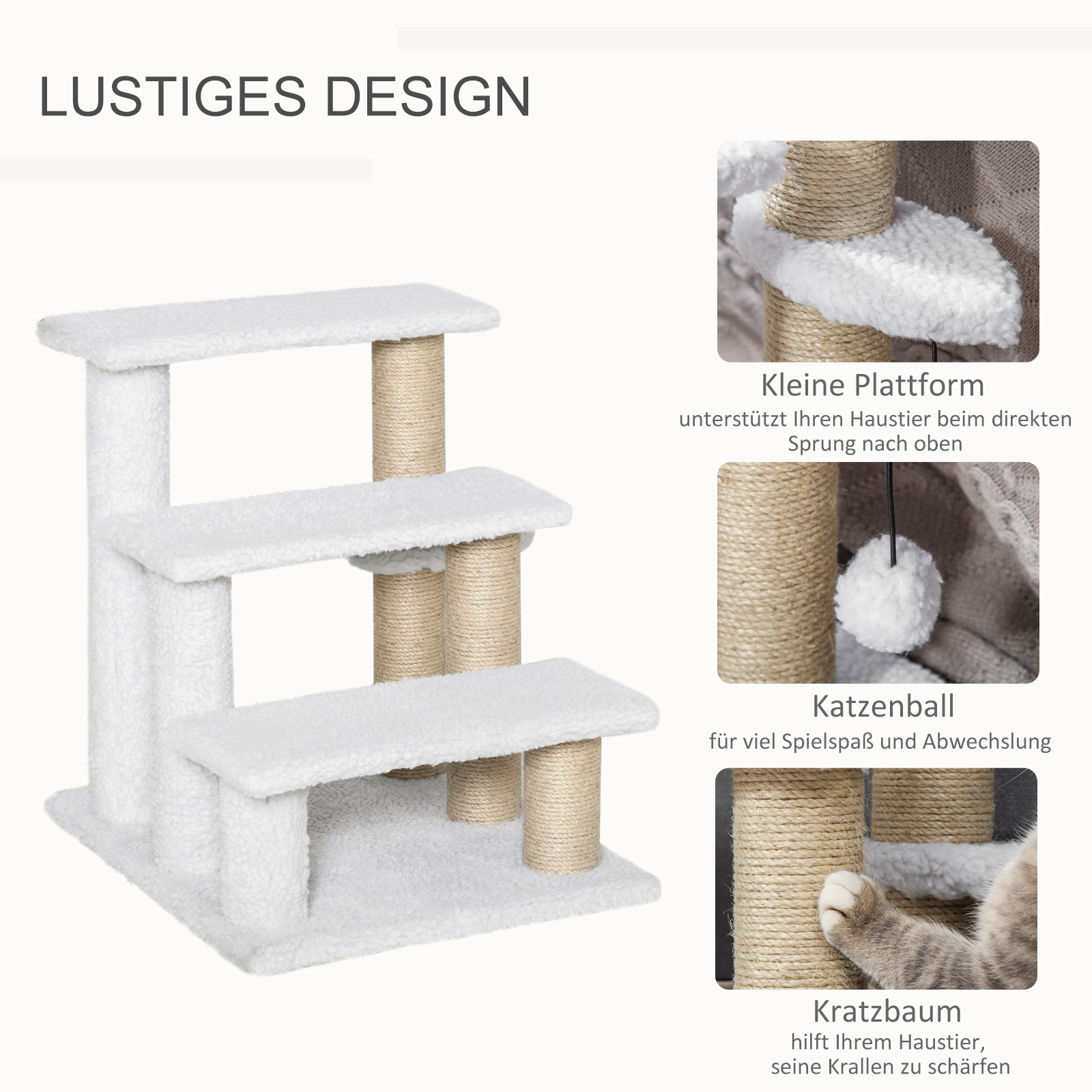 PAWHUT Schody pre domáce zvieratá so škrabadlom 45 x 48 x 40 cm biele – Obrázok 5