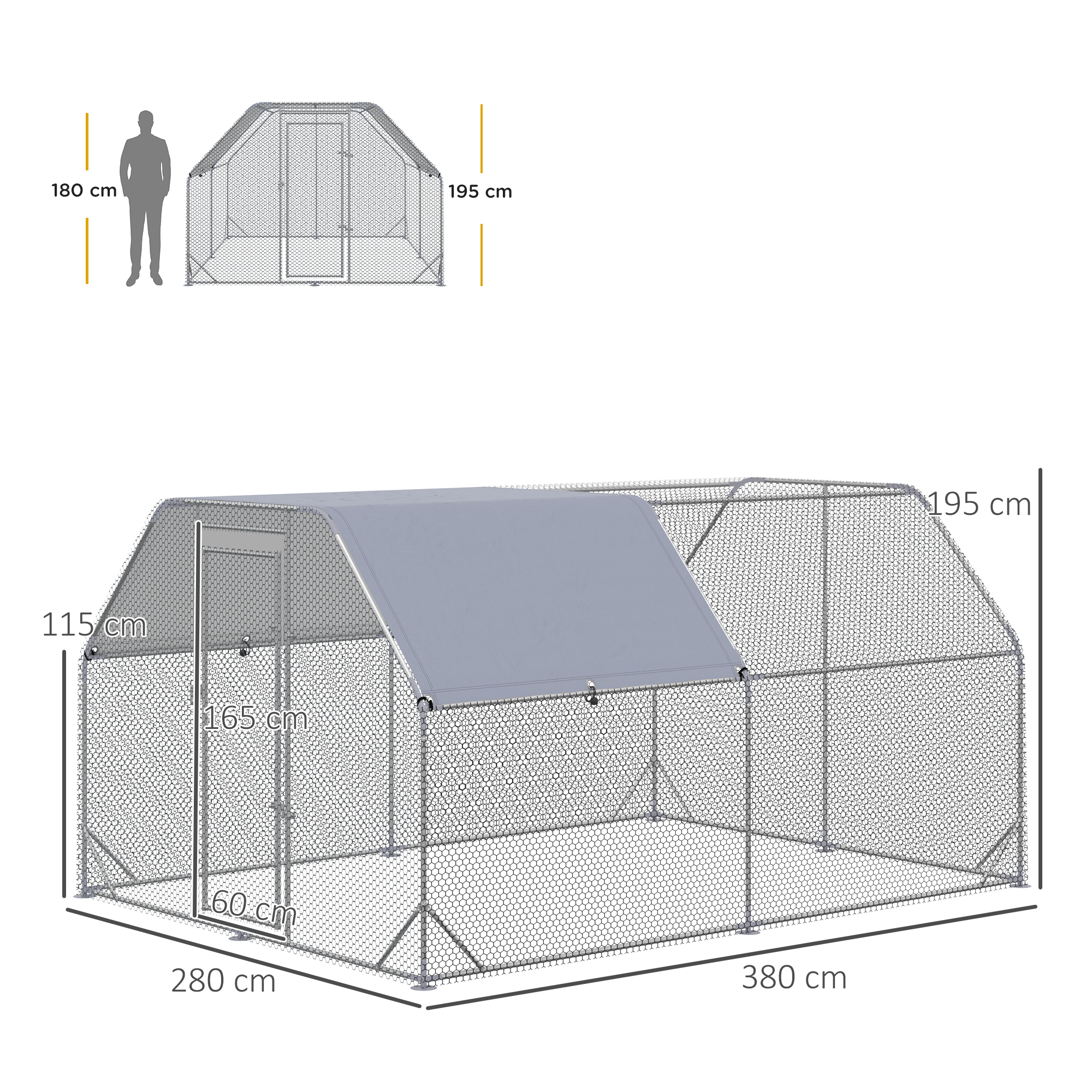 PAWHUT Kovový výbeh pre sliepky XL so strechou pre 10-12 sliepok 380 x 195 x 280 cm – Obrázok 2