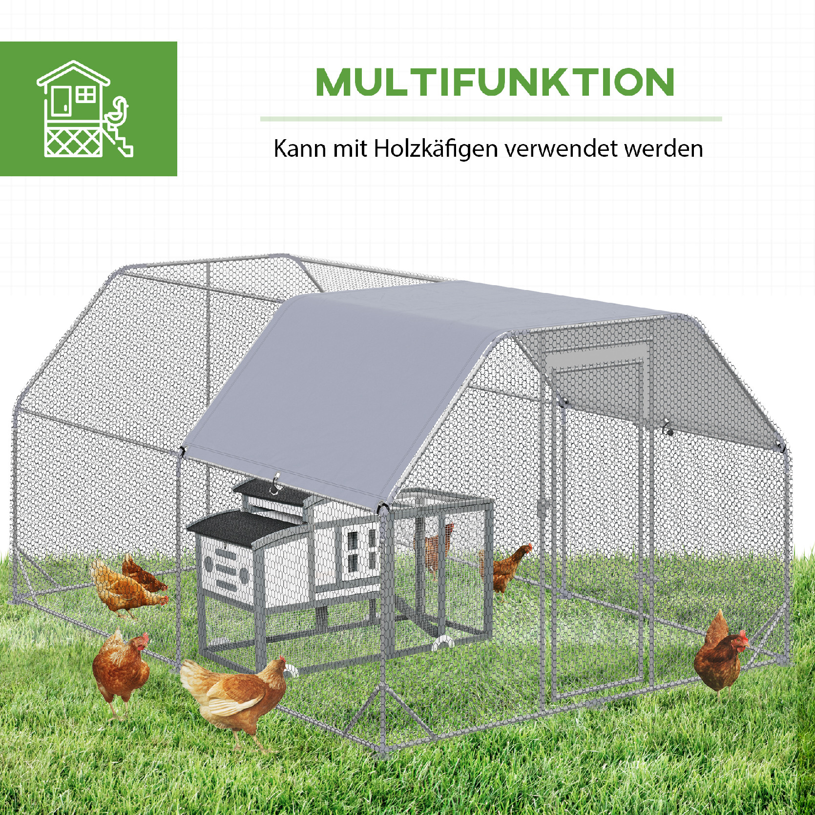 PAWHUT Kovový výbeh pre sliepky XL so strechou pre 10-12 sliepok 380 x 195 x 280 cm – Obrázok 5