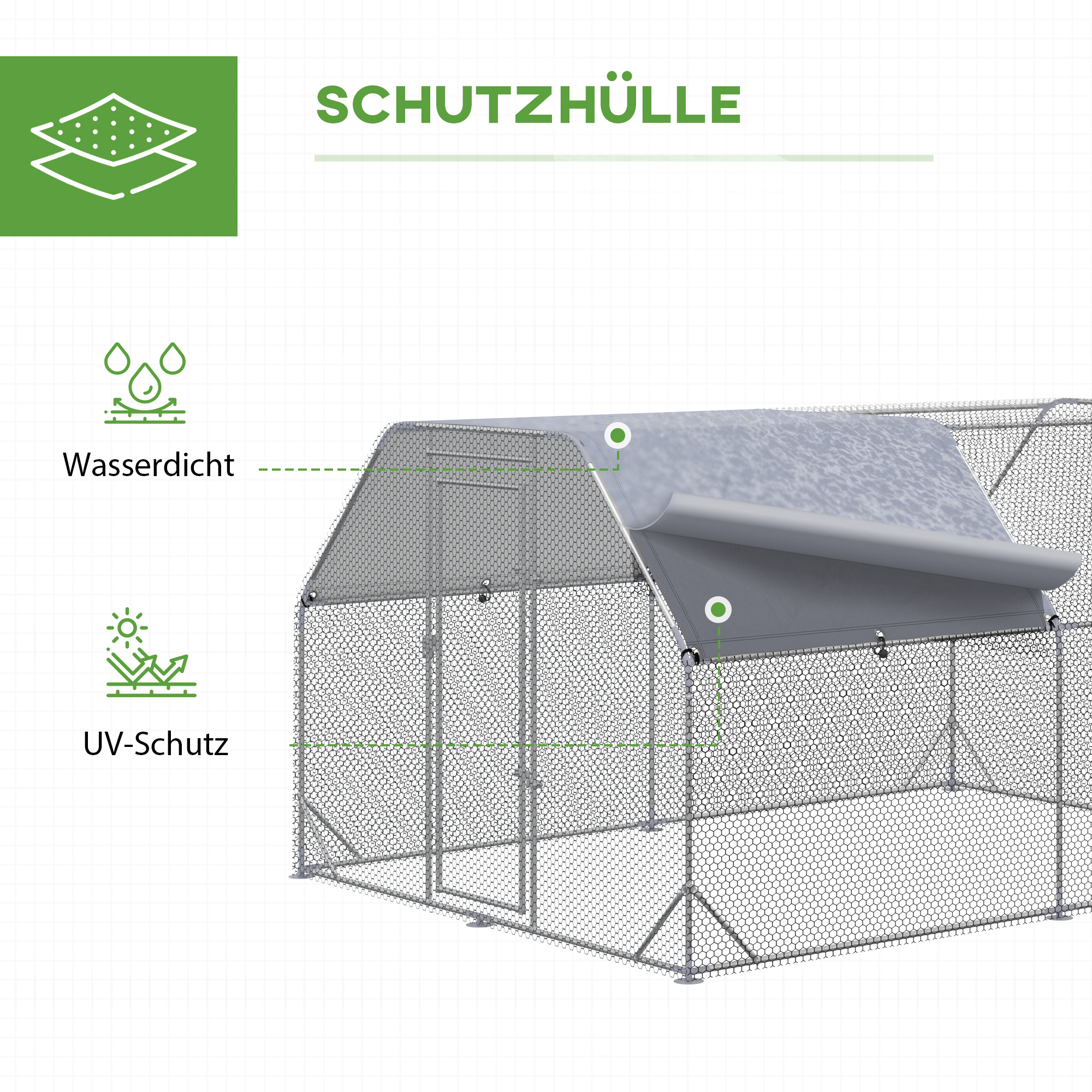PAWHUT Kovový výbeh pre sliepky XL so strechou pre 10-12 sliepok 380 x 195 x 280 cm – Obrázok 6