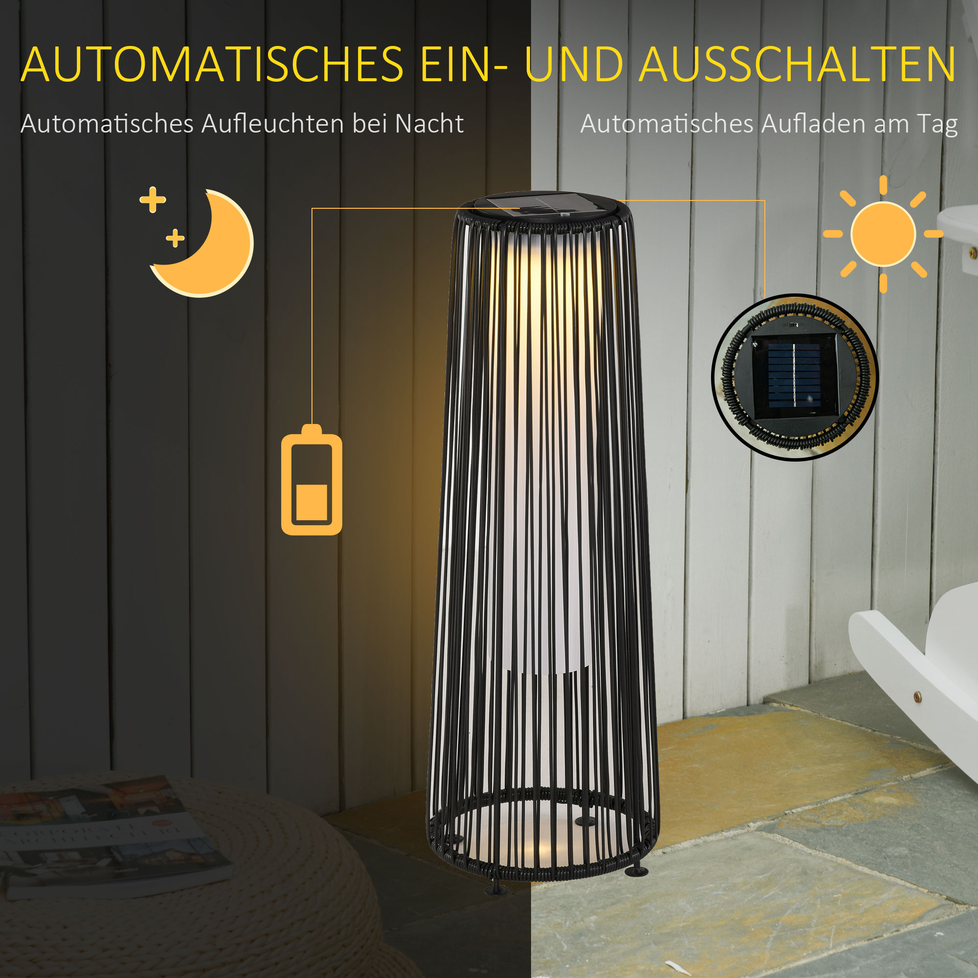 OUTSUNNY Solárna záhradná lampa so svetelným senzorom 22 x 22 x 61 cm čierna – Obrázok 2
