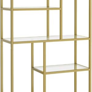 VASAGLE Regálová polica sklenené police zlatý rám 80 x 180 x 30 cm