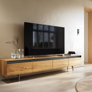 TV stolík Stonegrace 240 cm dub prírodný 4 dvierka podstava oválna