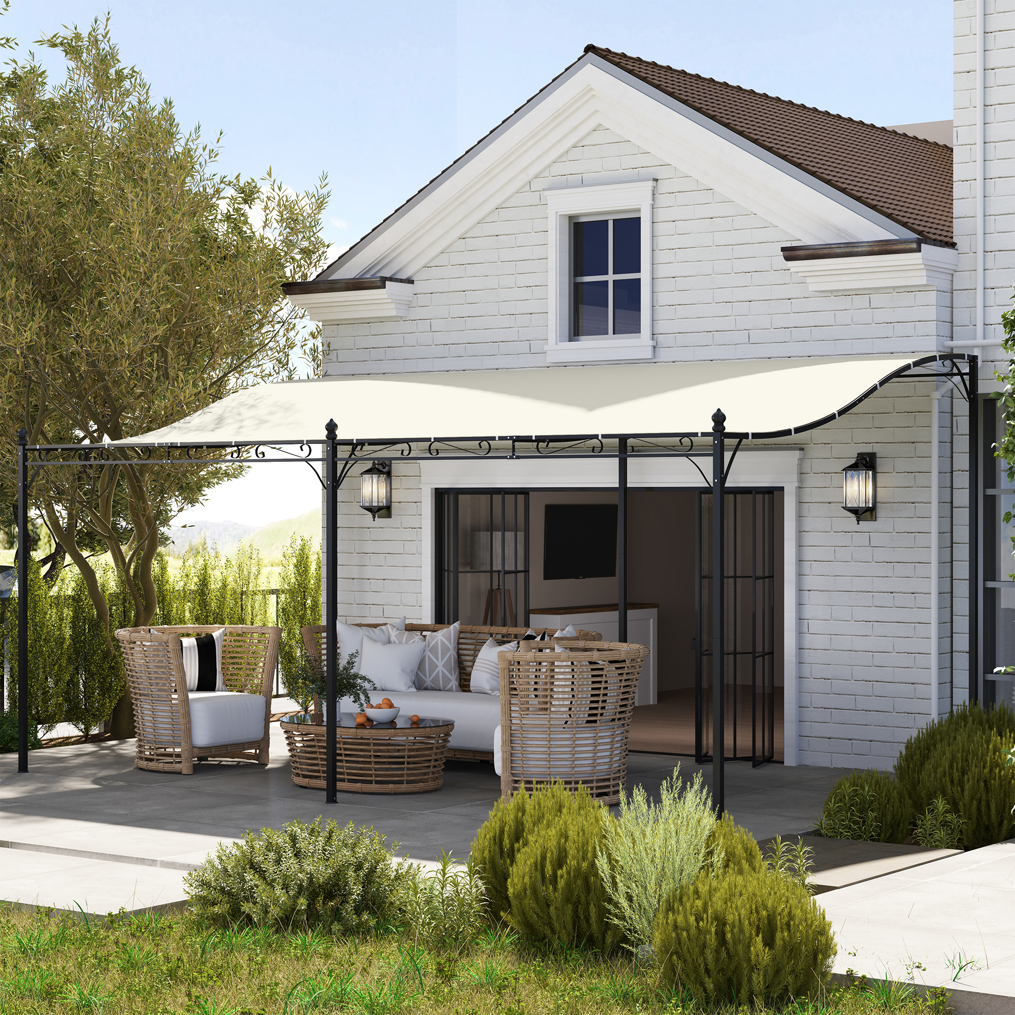 OUTSUNNY Voľne stojaca kovová pergola so sťahovacou plátennou strechou 491 x 298 cm krémová – Obrázok 2