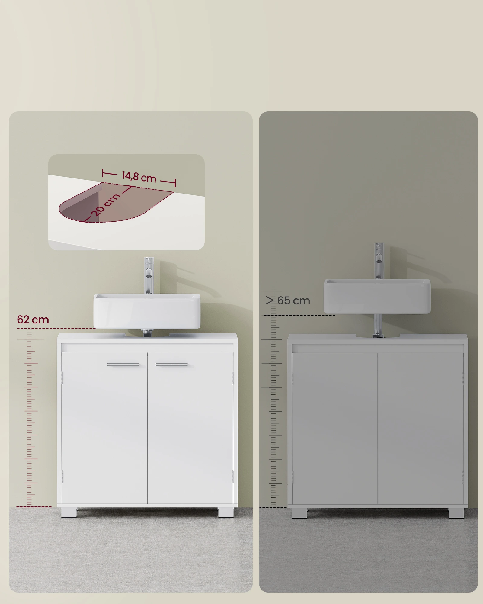 VASAGLE Skrinka pod umývadlo s dvierkami 60 x 60 x 30 cm biela – Obrázok 5