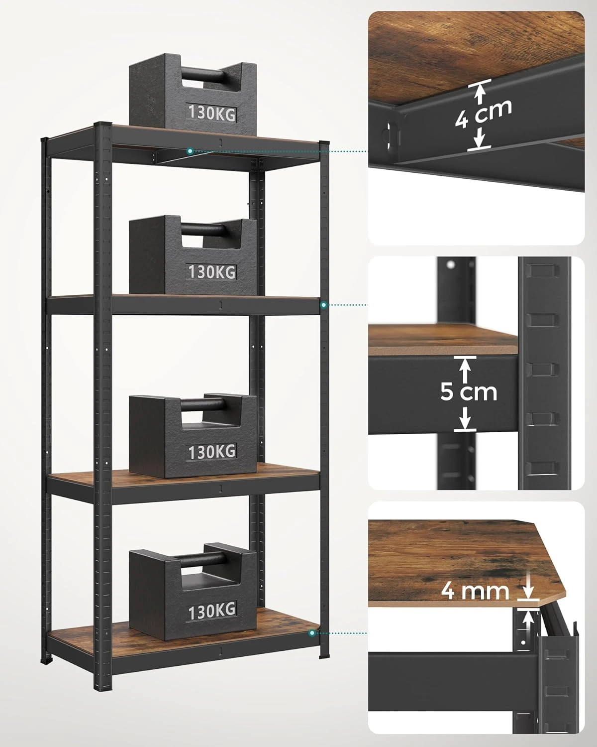 SONGMICS Oceľový regál s nosnosťou až 520 kg 80 x 160 x 40 cm hnedá čierna – Obrázok 3
