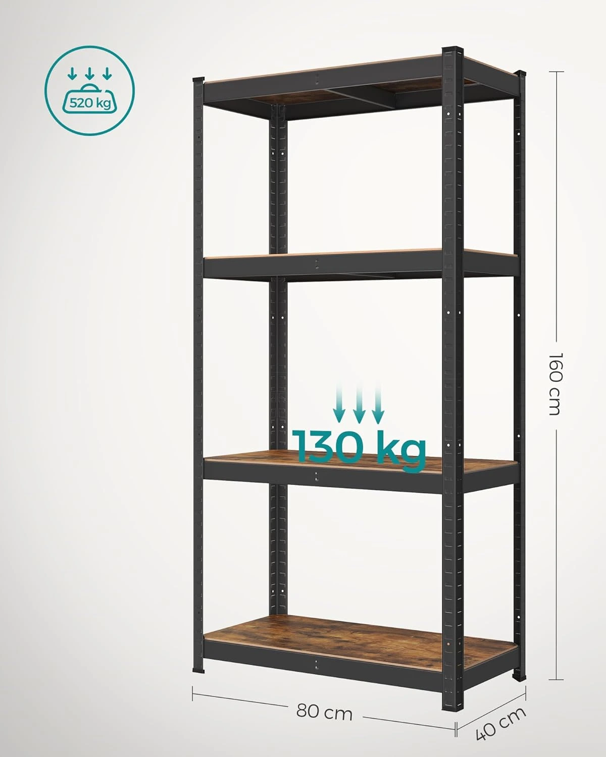 SONGMICS Oceľový regál s nosnosťou až 520 kg 80 x 160 x 40 cm hnedá čierna – Obrázok 6