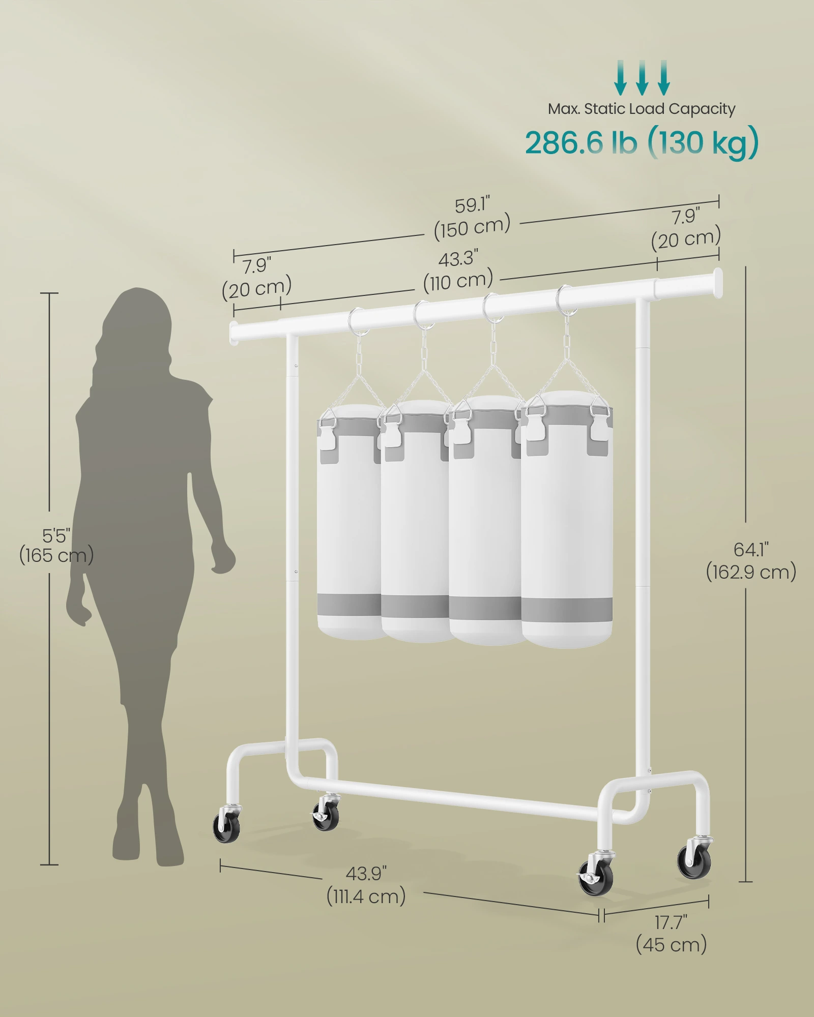 SONGMICS Pohyblivý vešiak na odevy s výsuvnou lištou, nosnosť 130 kg, 110–150 x 162,9 cm x 45 cm, biela – Obrázok 5