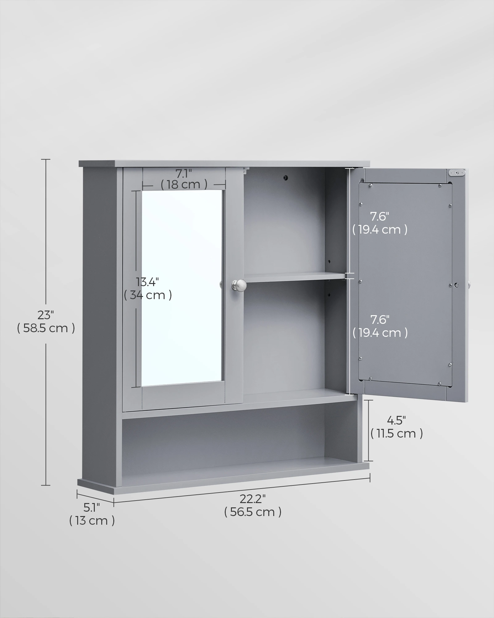 VASAGLE Kúpeľňová skrinka s 2 zrkadlovými dvierkami a otvoreným priestorom 57 x 59 x 13 cm sivá – Obrázok 5