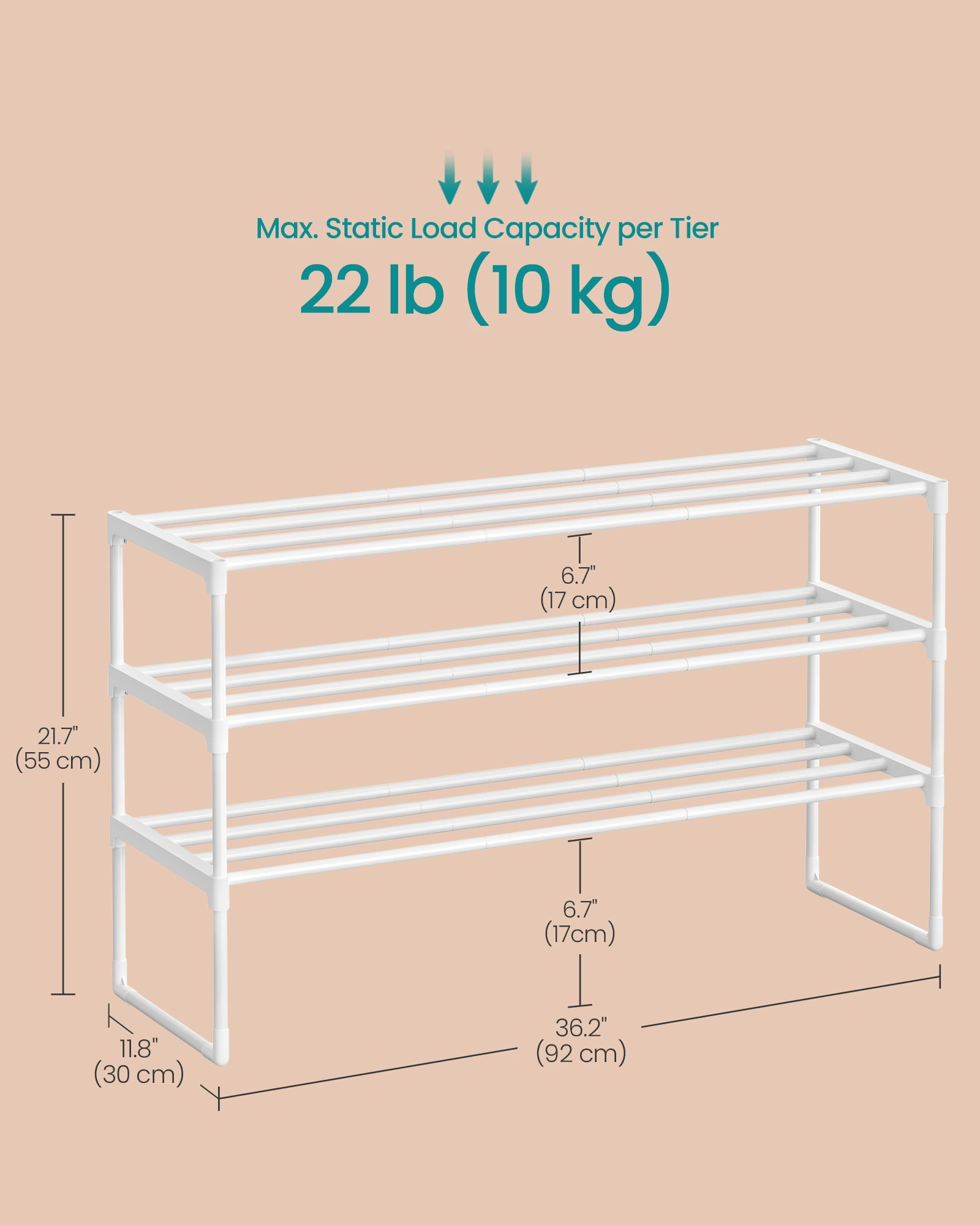 SONGMICS Botník s 3 policami na 16 až 20 párov, stohovateľný 92 x 55 x 30 cm biela – Obrázok 7