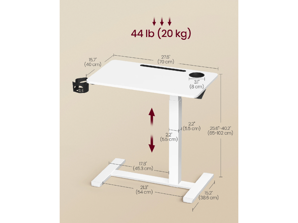 VASAGLE Odkladací pojazdný stolík s nastaviteľnou výškou 70 x 65–102 x 40 cm biela – Obrázok 5
