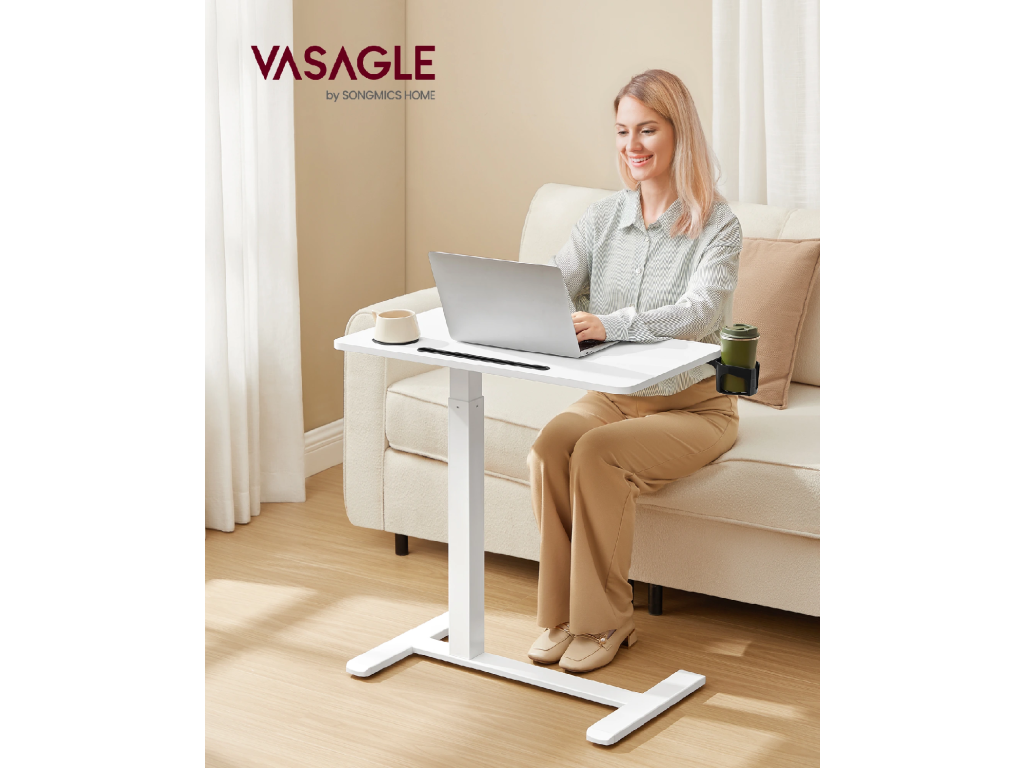 VASAGLE Odkladací pojazdný stolík s nastaviteľnou výškou 70 x 65–102 x 40 cm biela