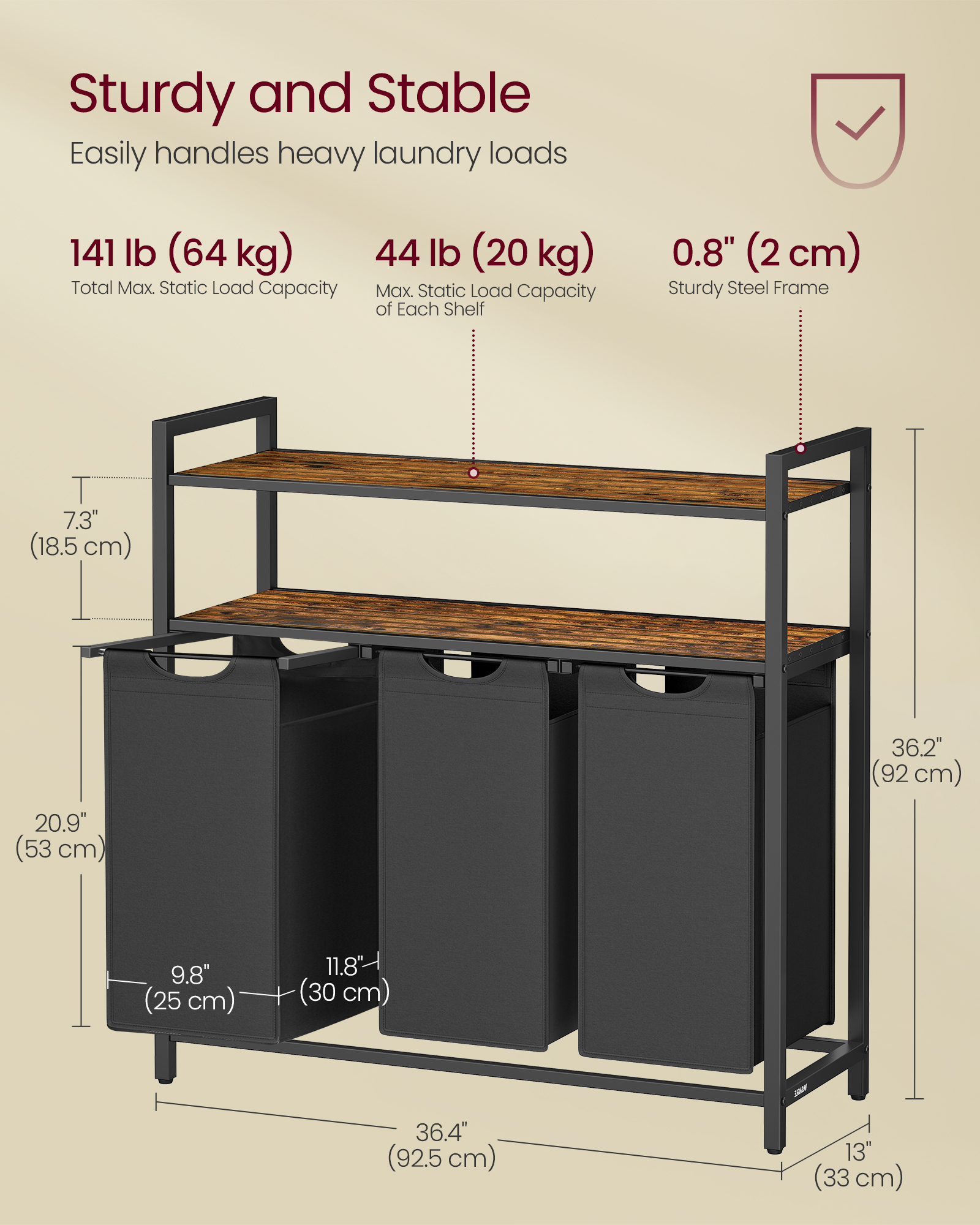 VASAGLE Koš na bielizeň 3 x 40 l s dvoma policami 92 x 92 x 33 cm hnedá čierna – Obrázok 5