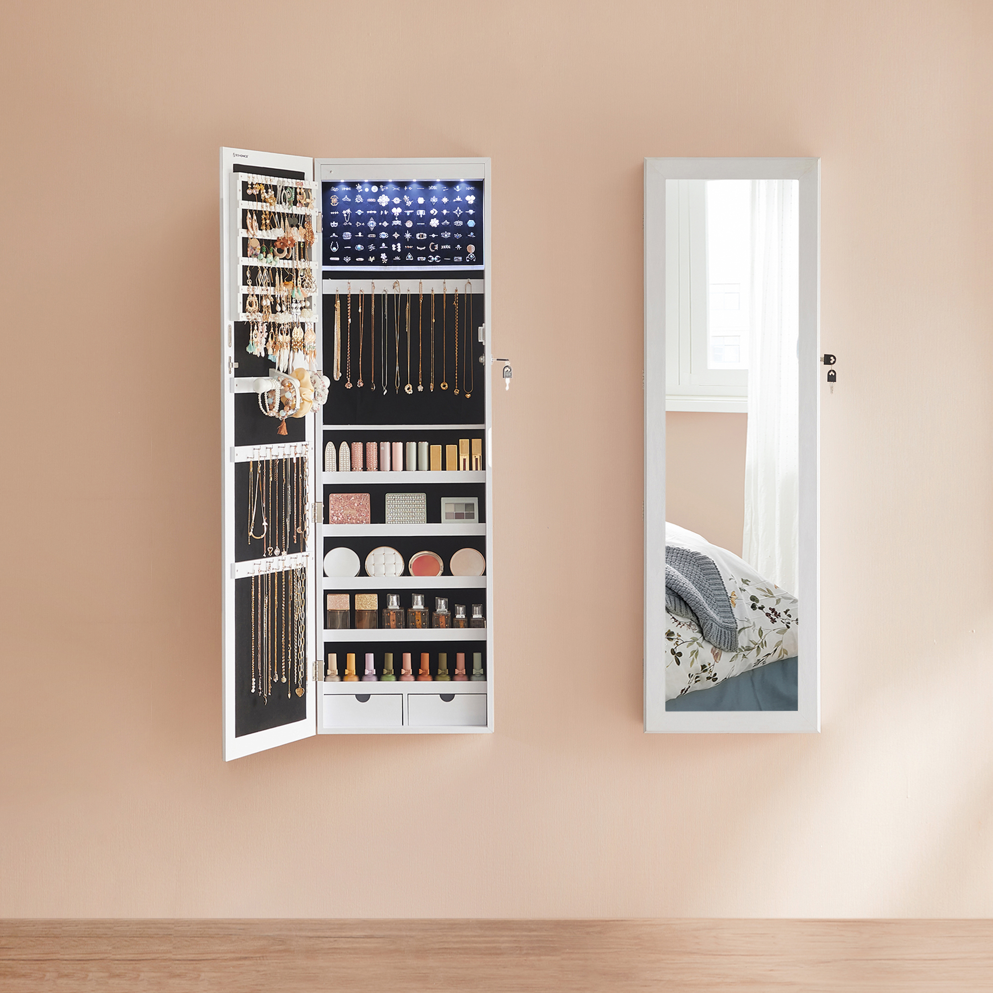 SONGMICS Nástenná zrkadlová šperkovnica s LED osvetlením 37 x 120 x 10 cm, biela – Obrázok 2