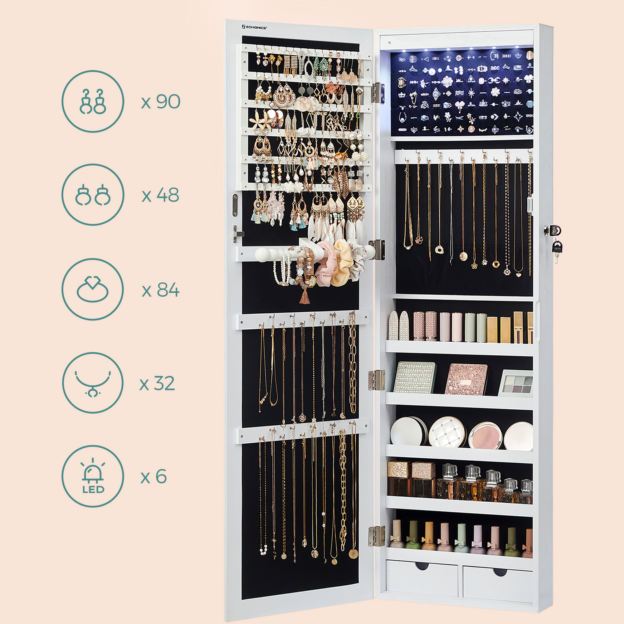 SONGMICS Nástenná zrkadlová šperkovnica s LED osvetlením 37 x 120 x 10 cm, biela – Obrázok 3