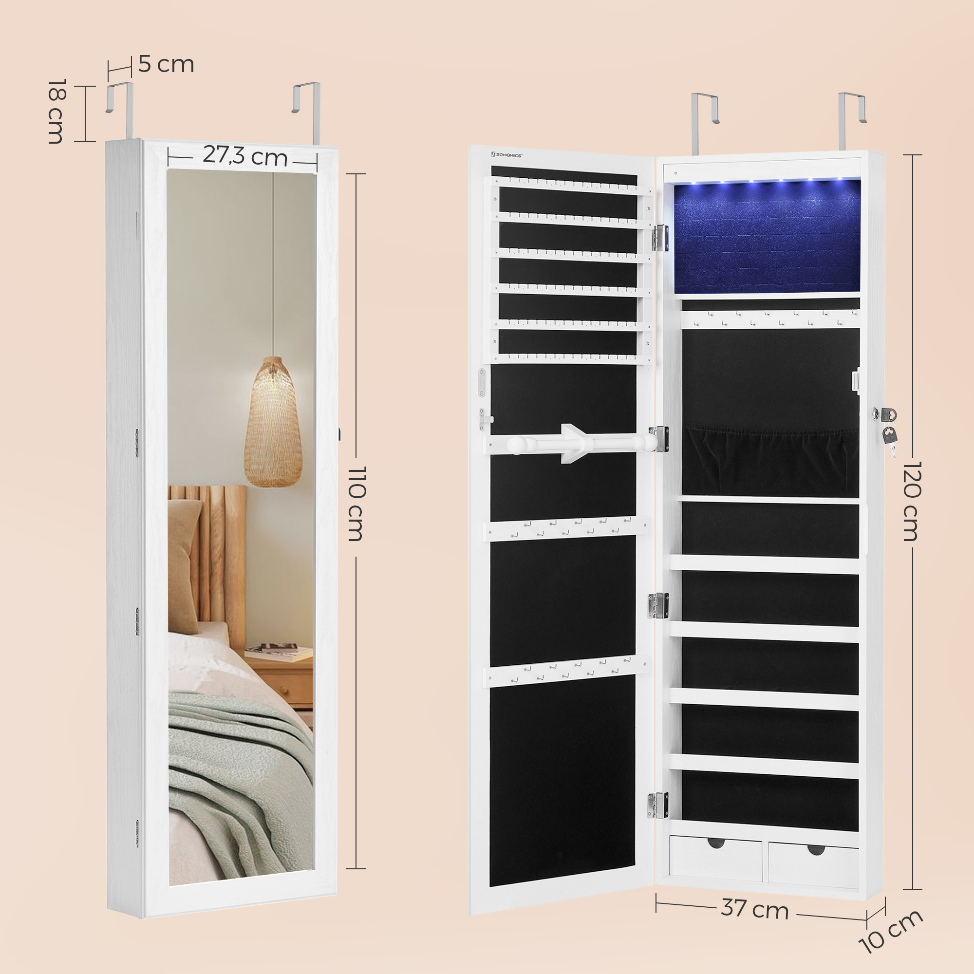 SONGMICS Nástenná zrkadlová šperkovnica s LED osvetlením 37 x 120 x 10 cm, biela – Obrázok 4