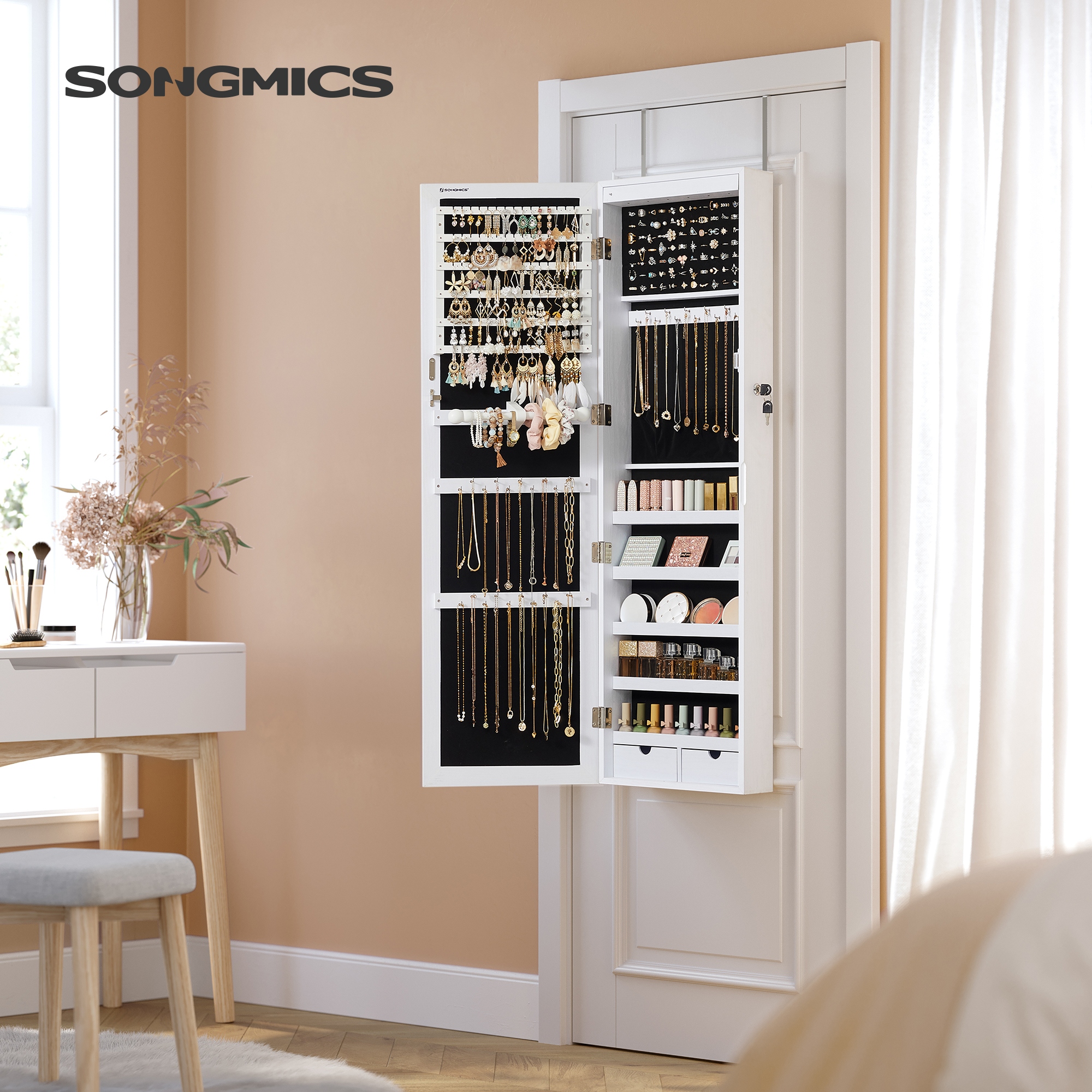 SONGMICS Nástenná zrkadlová šperkovnica s LED osvetlením 37 x 120 x 10 cm, biela
