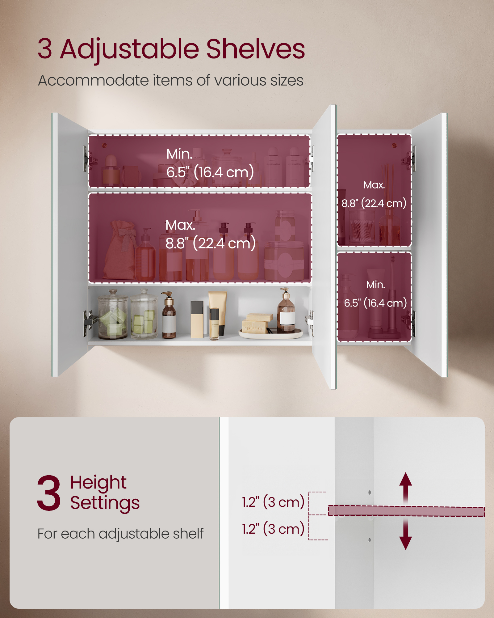 VASAGLE Zrkadlová kúpeľňová skrinka s 3 dvierkami, 60 x 90 x 15 cm, biela – Obrázok 3
