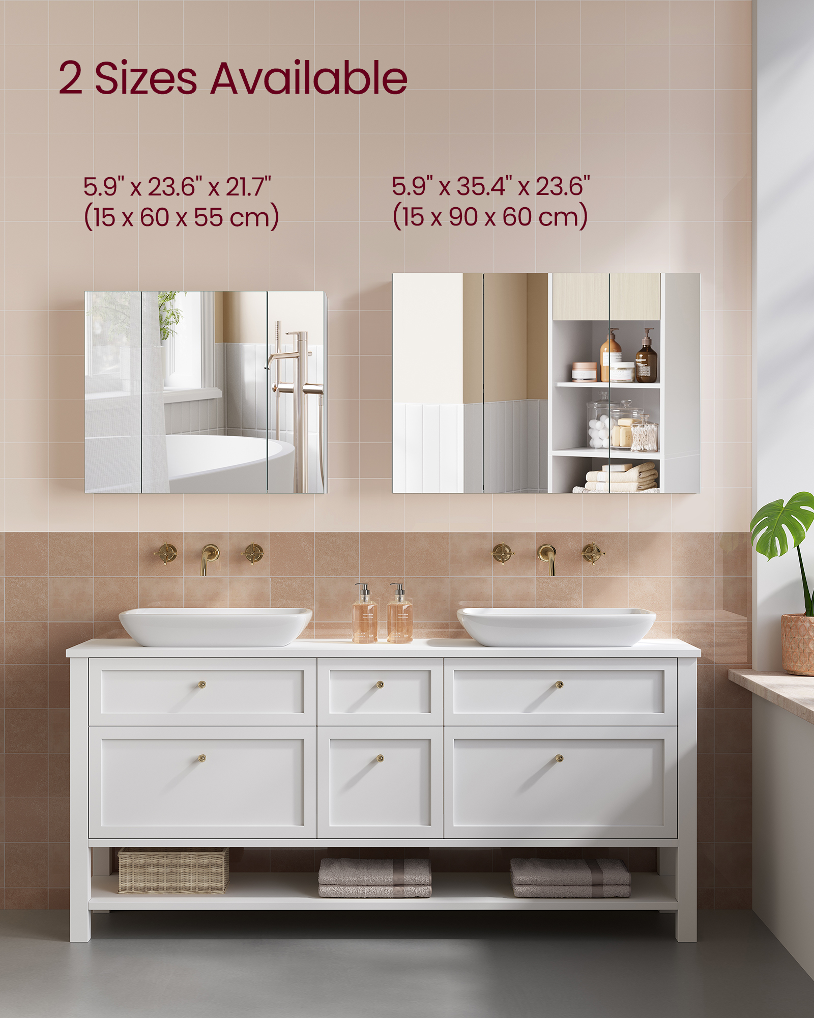 VASAGLE Zrkadlová kúpeľňová skrinka s 3 dvierkami, 60 x 90 x 15 cm, biela – Obrázok 5