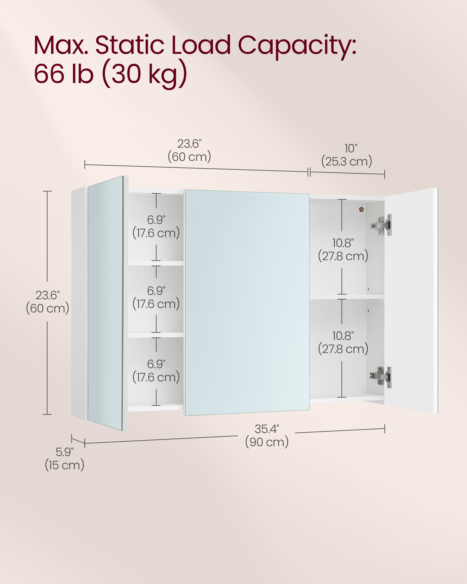VASAGLE Zrkadlová kúpeľňová skrinka s 3 dvierkami, 60 x 90 x 15 cm, biela – Obrázok 6