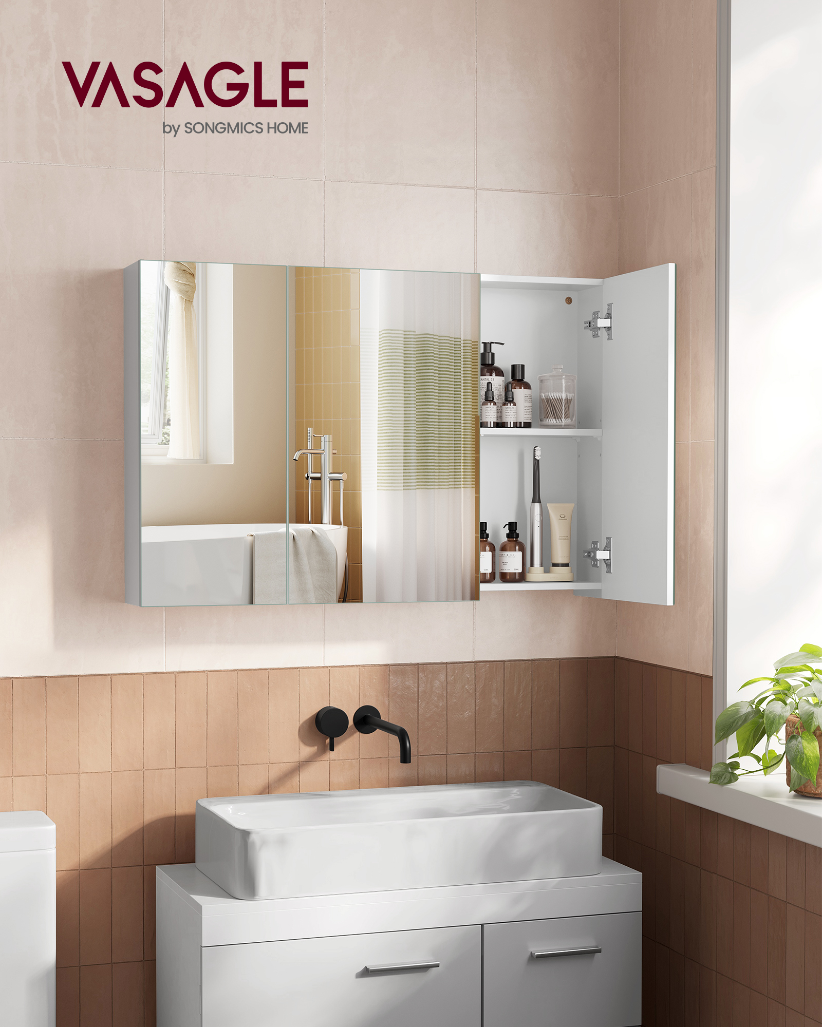 VASAGLE Zrkadlová kúpeľňová skrinka s 3 dvierkami, 60 x 90 x 15 cm, biela