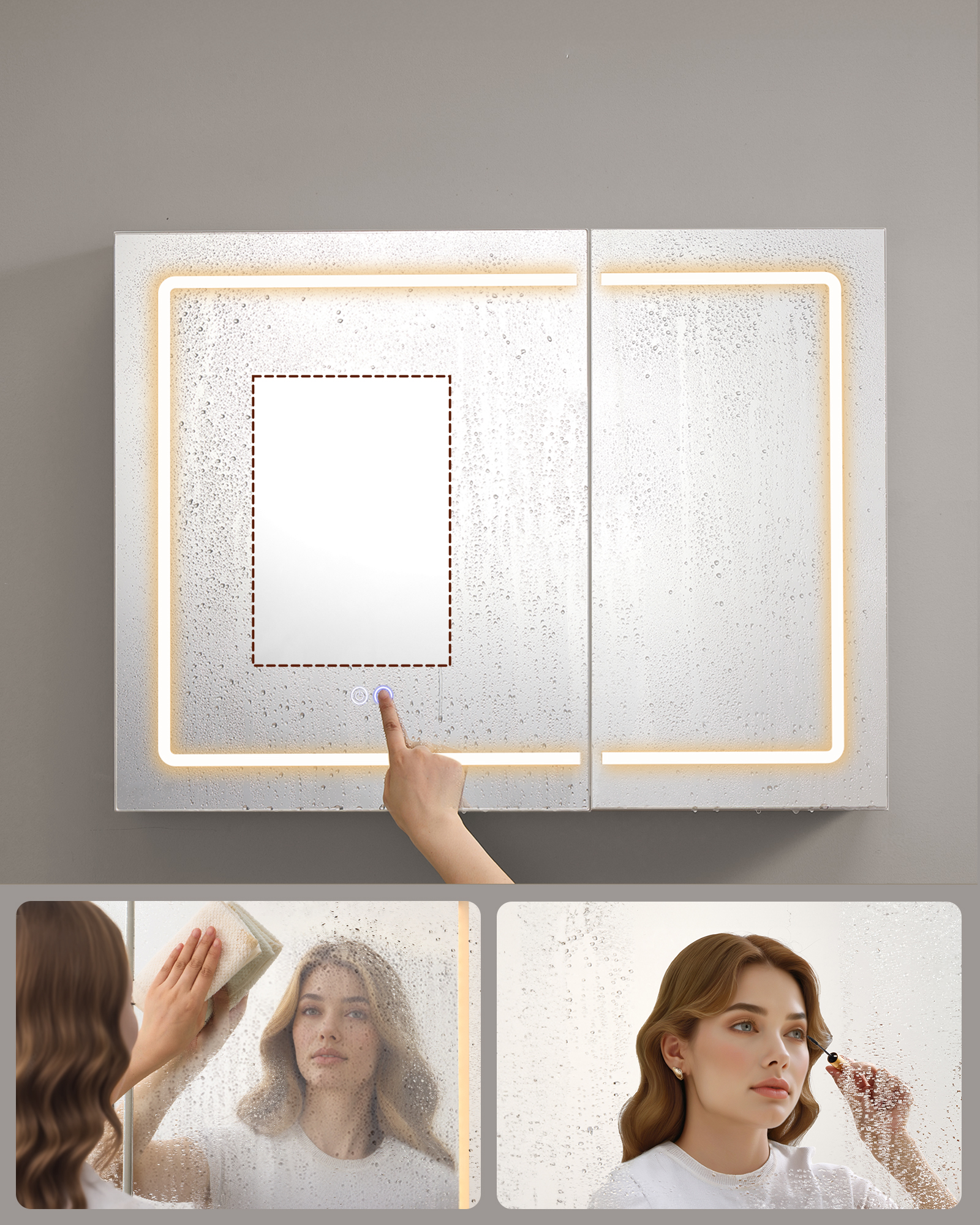 VASAGLE Zrkadlová skrinka do kúpeľne s elektrickou zásuvkou, osvetlením 80 x 60 x 16,5 cm, biela, s odmlžovaním – Obrázok 4