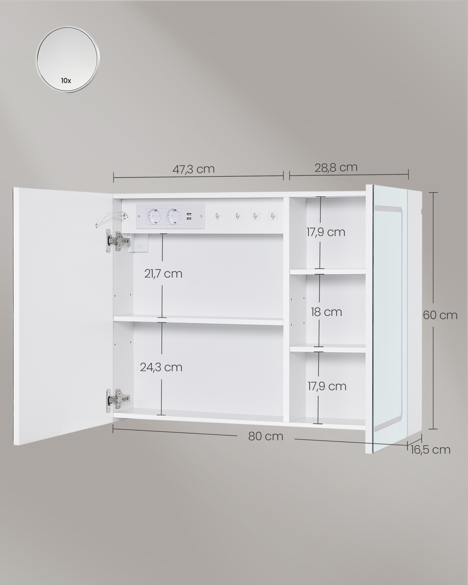 VASAGLE Zrkadlová skrinka do kúpeľne s elektrickou zásuvkou, osvetlením 80 x 60 x 16,5 cm, biela, s odmlžovaním – Obrázok 7