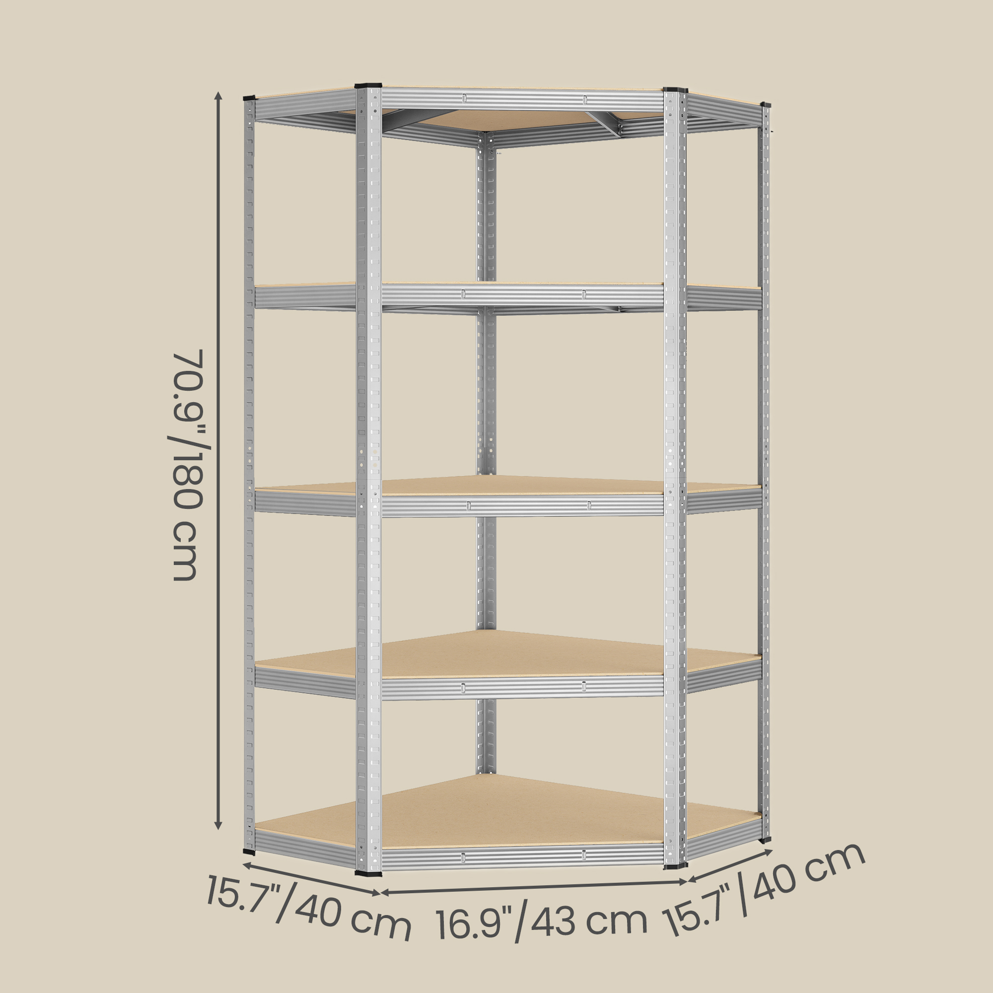 SONGMICS Rohový kovový regál 5 políc, maximálna nosnosť 875 kg strieborná – Obrázok 7