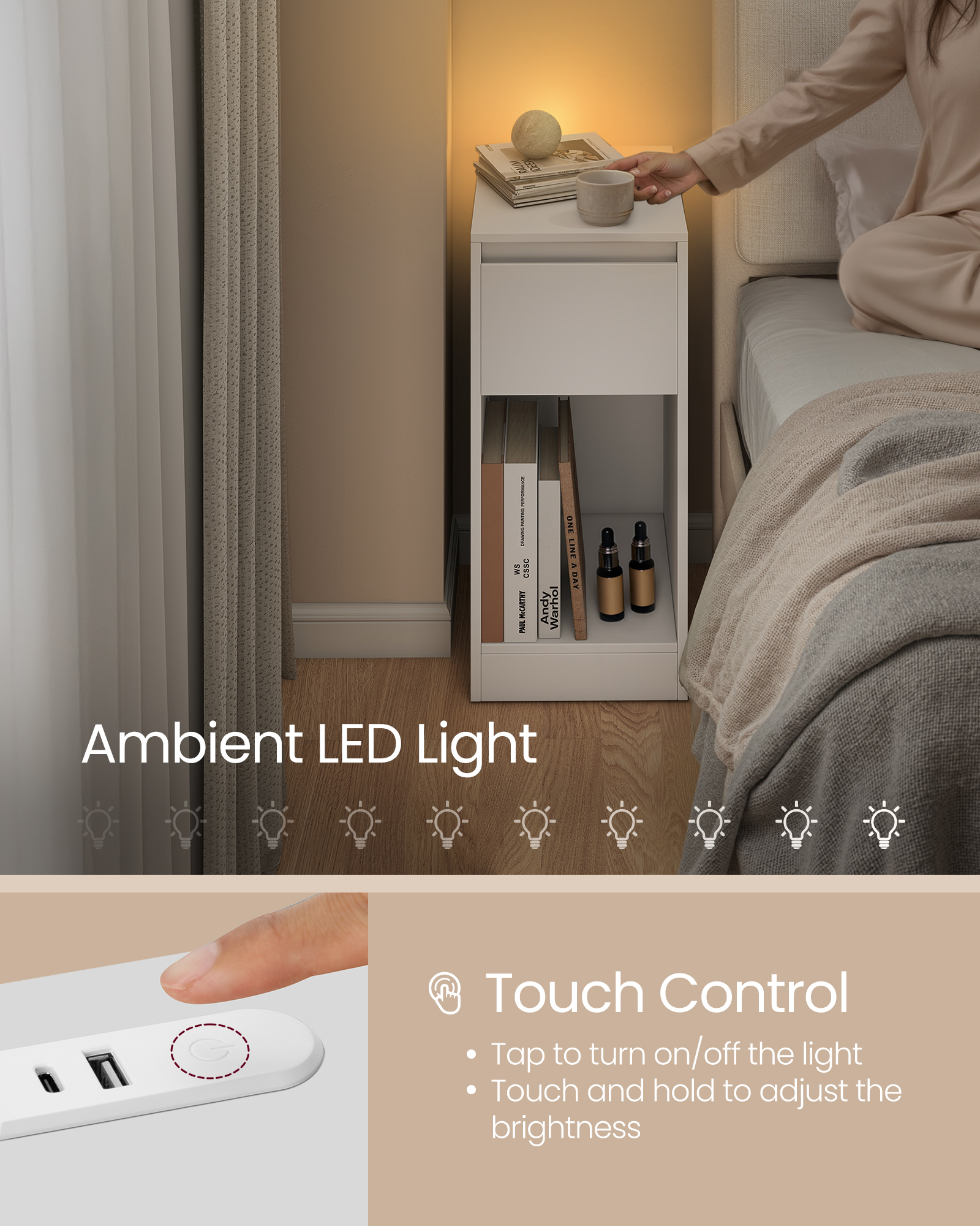 VASAGLE Úzky nočný stolík s LED osvetlením a USB zásuvkou 25 x 60 x 30 cm biela – Obrázok 3