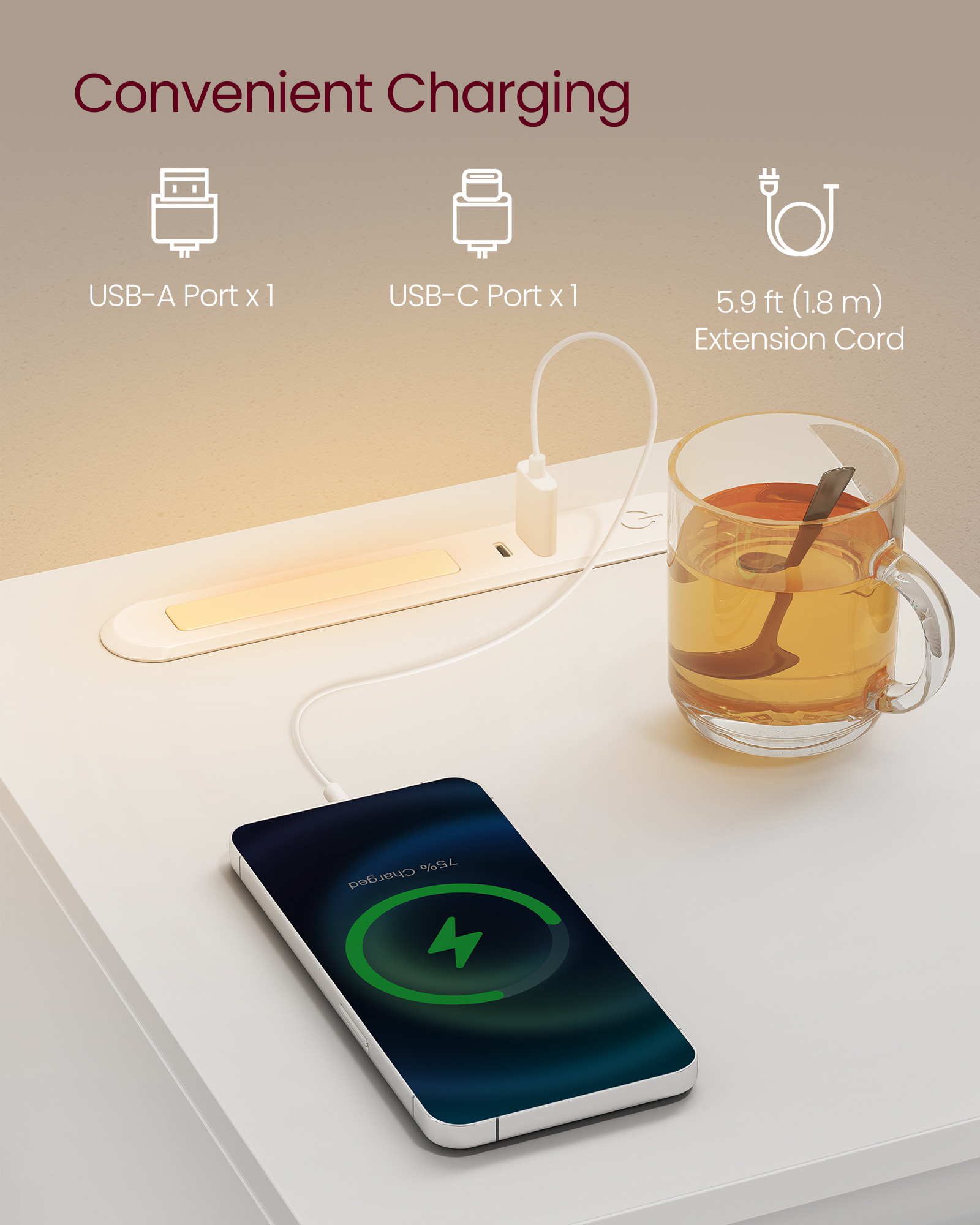 VASAGLE Úzky nočný stolík s LED osvetlením a USB zásuvkou 25 x 60 x 30 cm biela – Obrázok 4