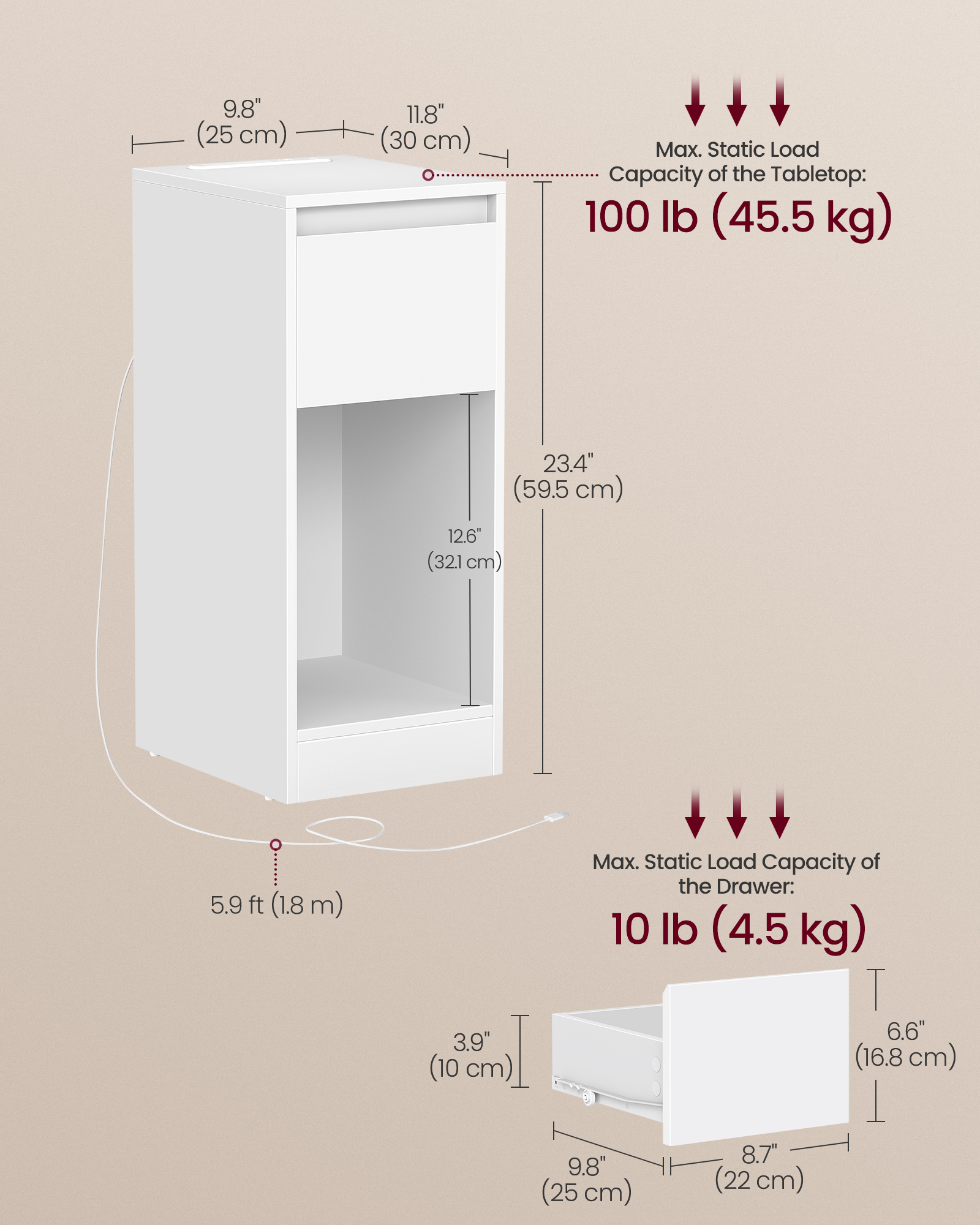 VASAGLE Úzky nočný stolík s LED osvetlením a USB zásuvkou 25 x 60 x 30 cm biela – Obrázok 5