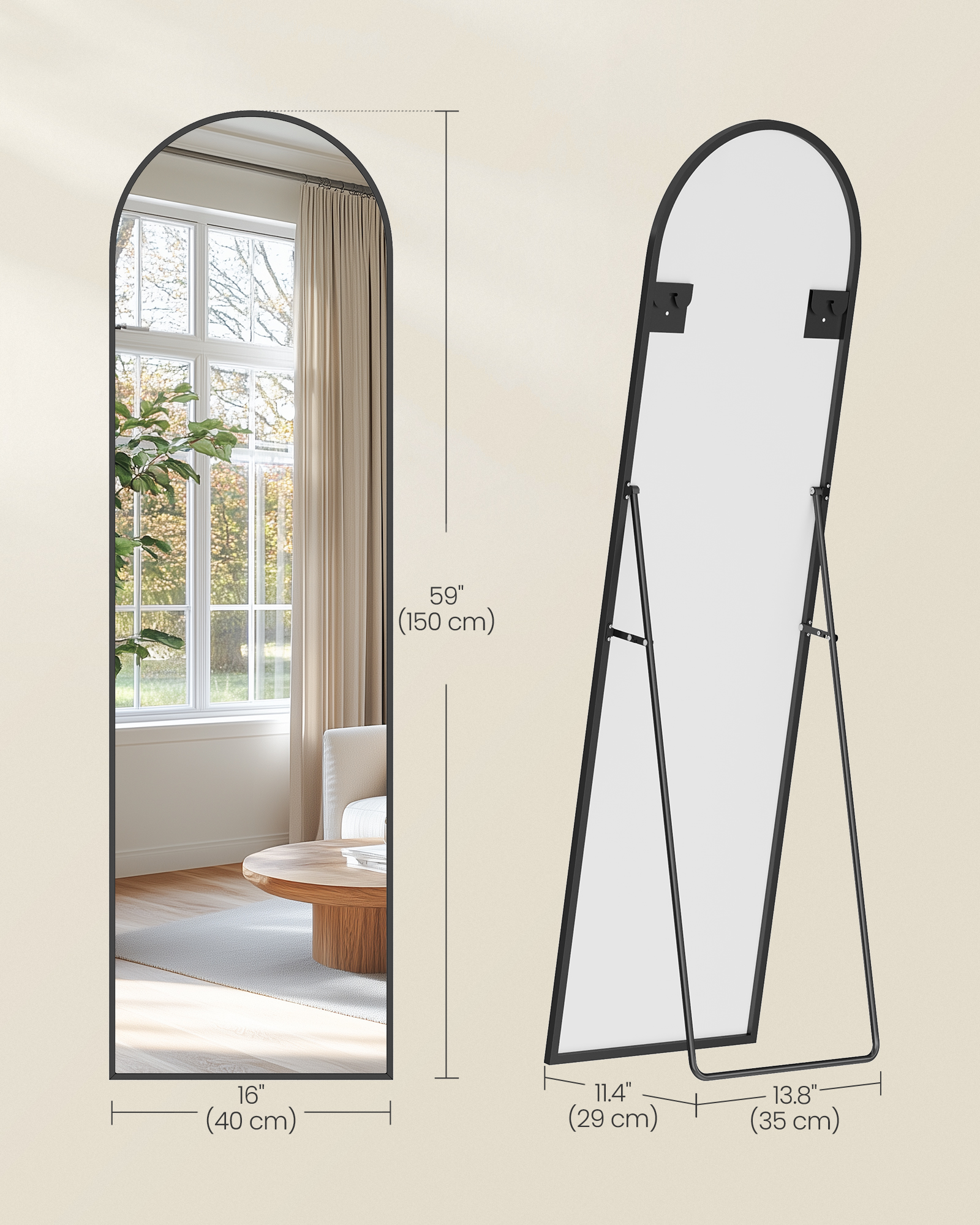 SONGMICS Stojacie zrkadlo s čiernym rámom, oblúkové 150 x 40 cm, čierne – Obrázok 5
