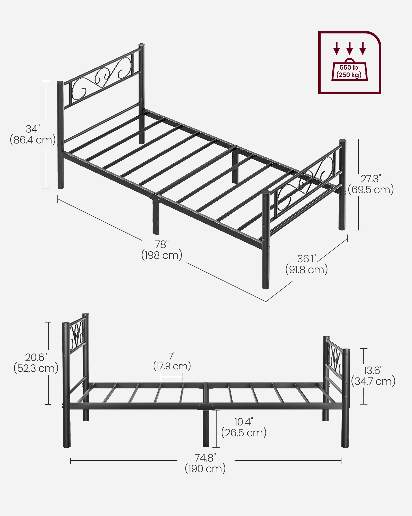 VASAGLE Oceľový rám postele s ozdobným čelom a oceľovými lamelami 90 x 190 cm čierna – Obrázok 6