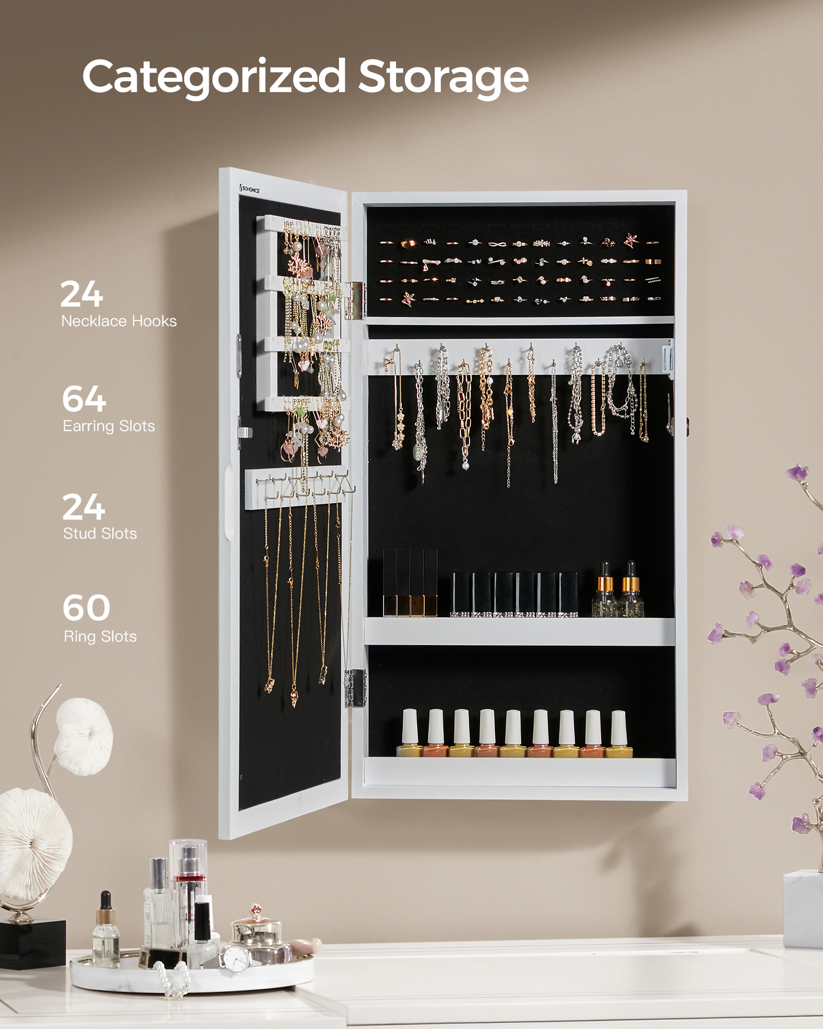 SONGMICS Zamykatelná skrinka na šperky so zrkadlom 55 x 67 x 10 cm biela – Obrázok 3