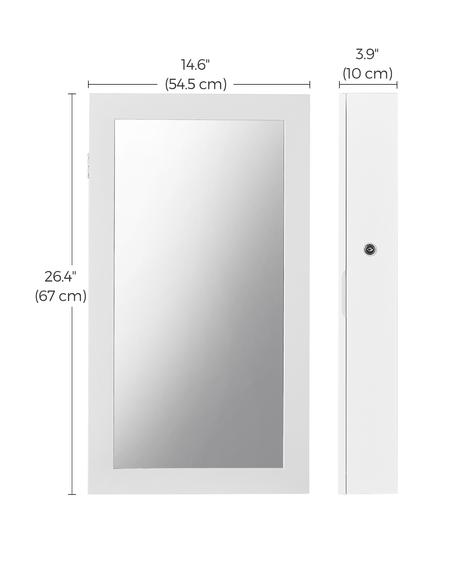 SONGMICS Zamykatelná skrinka na šperky so zrkadlom 55 x 67 x 10 cm biela – Obrázok 6
