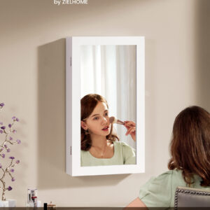 SONGMICS Zamykatelná skrinka na šperky so zrkadlom 55 x 67 x 10 cm biela