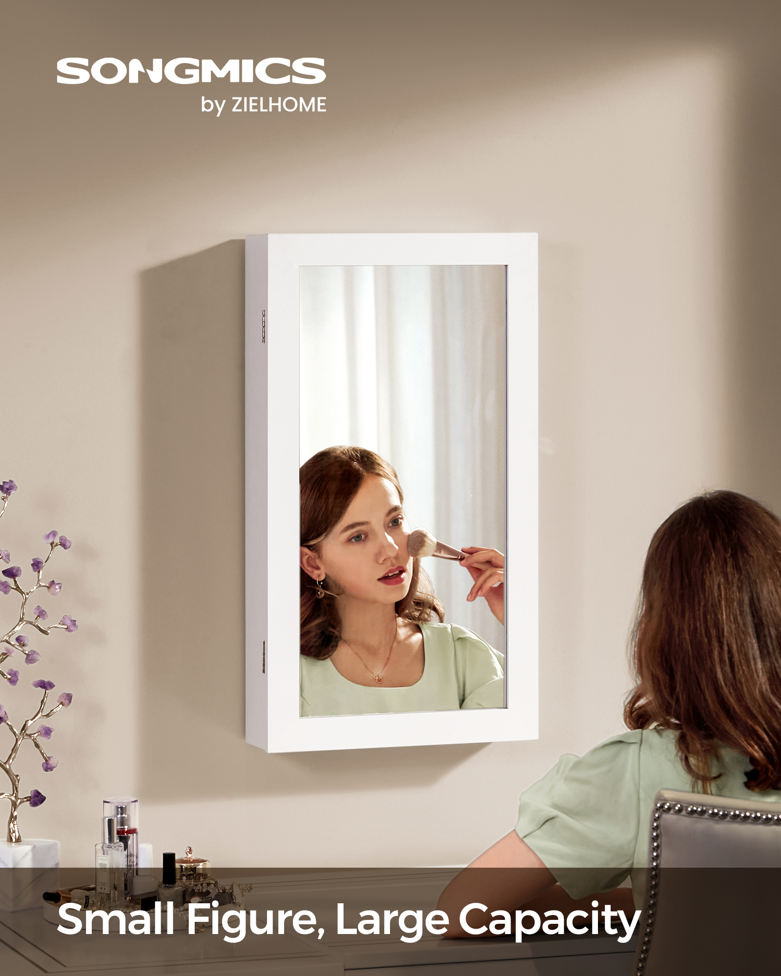 SONGMICS Zamykatelná skrinka na šperky so zrkadlom 55 x 67 x 10 cm biela