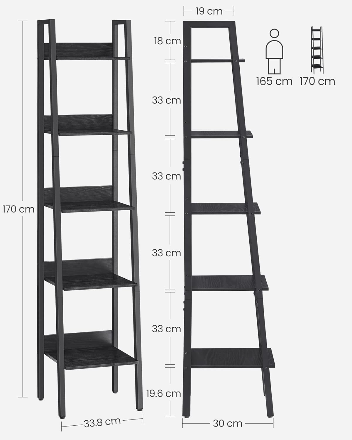 VASAGLE Úzka knižnica 5 políc 33,8x30x170 cm čierna – Obrázok 8