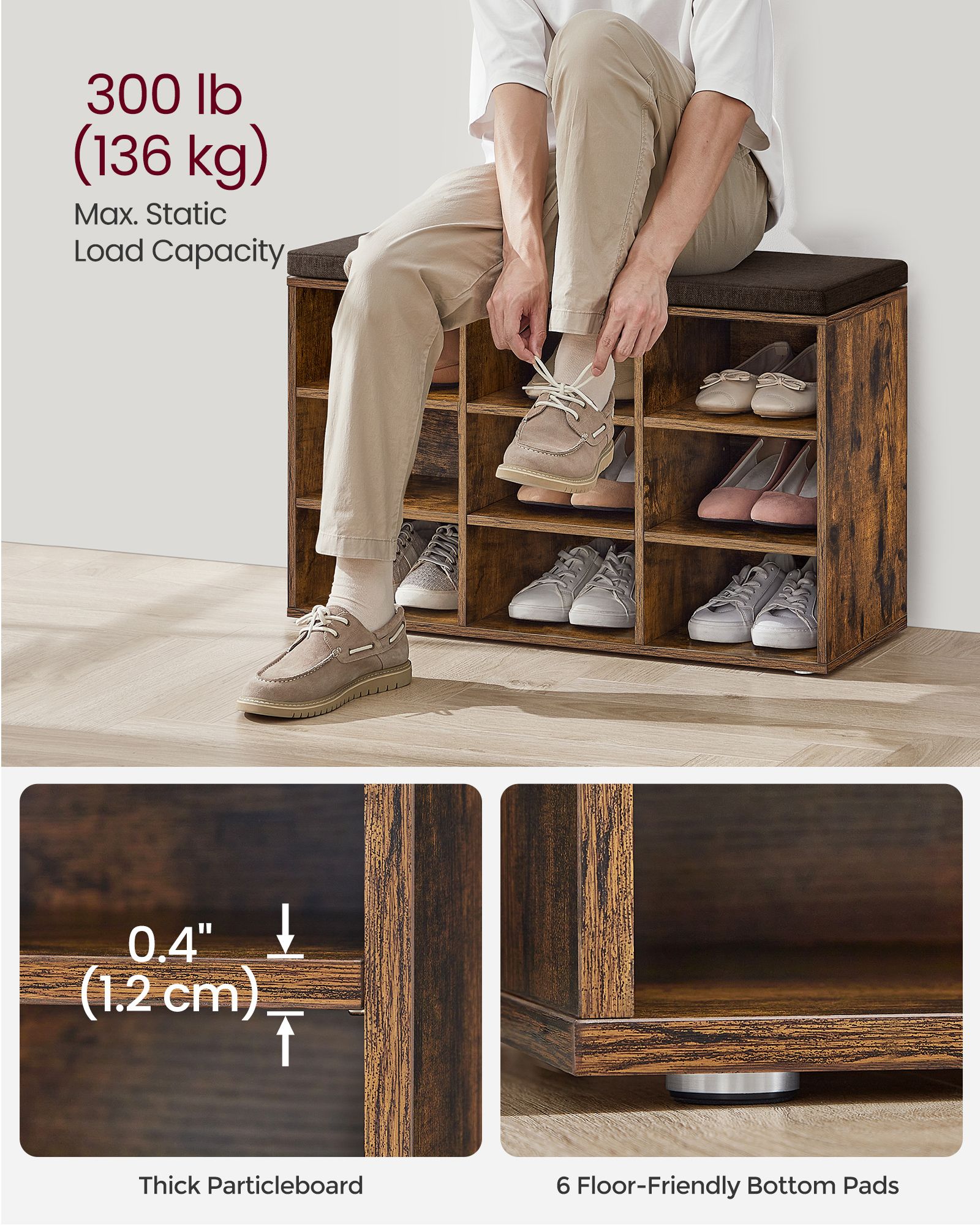 VASAGLE Lavica na topánky s 9 policami 78 x 48 x 30 cm rustikálna hnedá – Obrázok 4