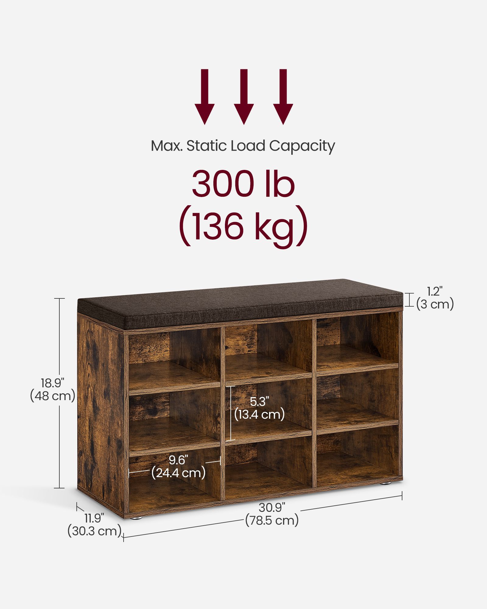 VASAGLE Lavica na topánky s 9 policami 78 x 48 x 30 cm rustikálna hnedá – Obrázok 8
