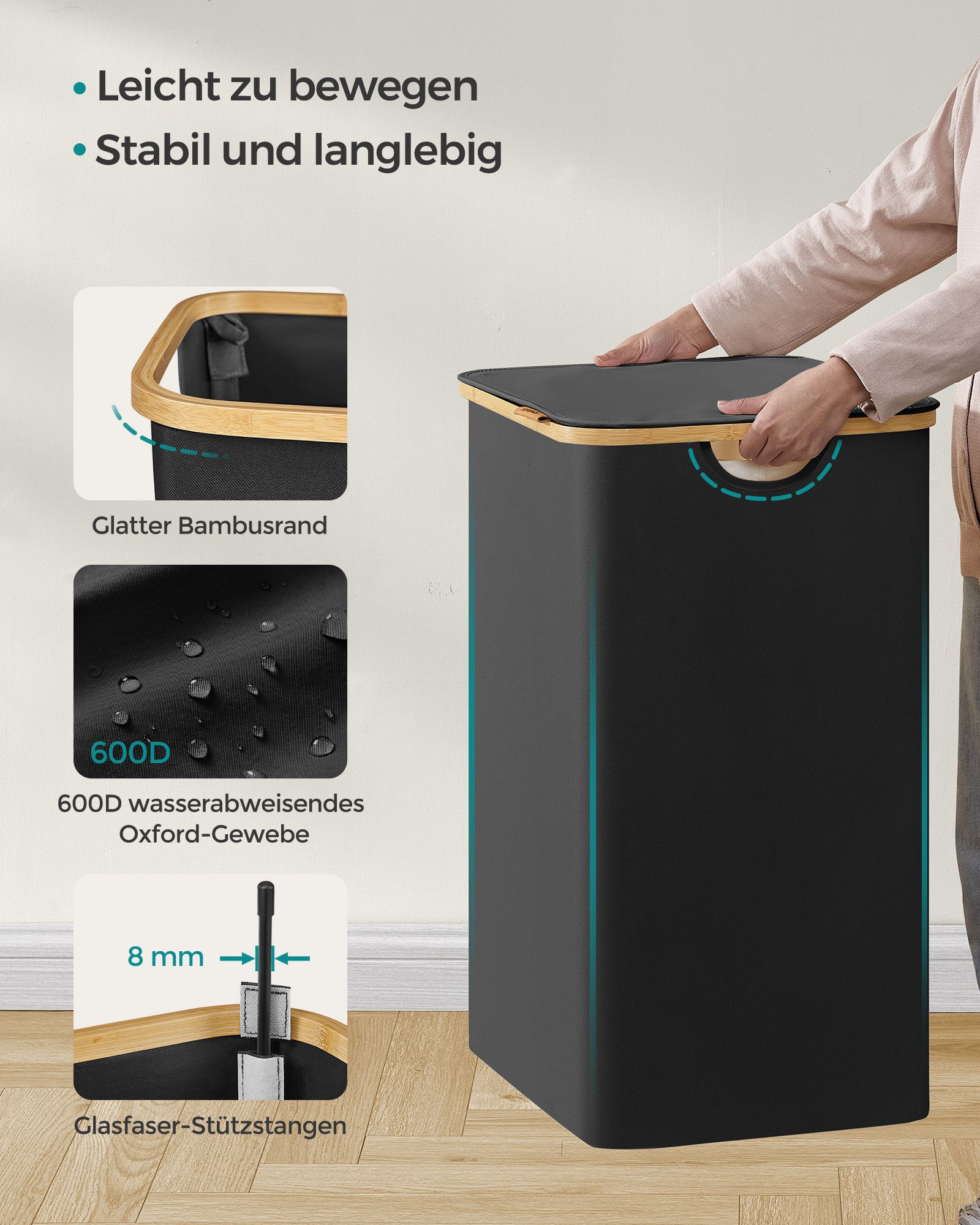 SONGMICS Textilný kôš na bielizeň 120 l čierny – Obrázok 5