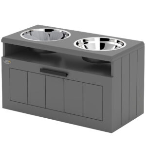PAWHUT Stolík pre psov s 2 miskami a skrinkou 60 x 35 x 30 cm sivý