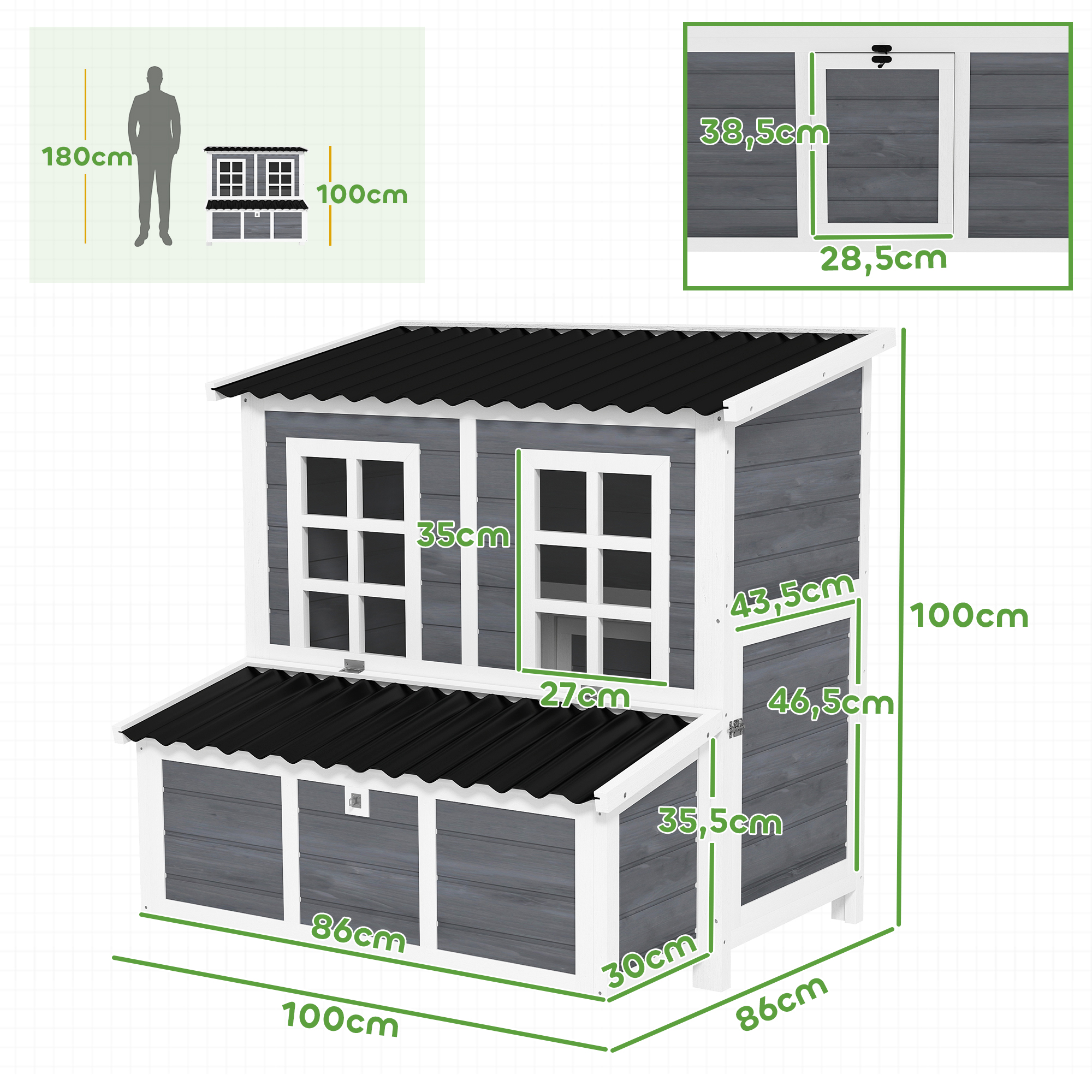 PAWHUT Kurník s kapucňami pre 4-6 sliepok z jedľového dreva 100 x 100 x 86 cm svetlosivý – Obrázok 7
