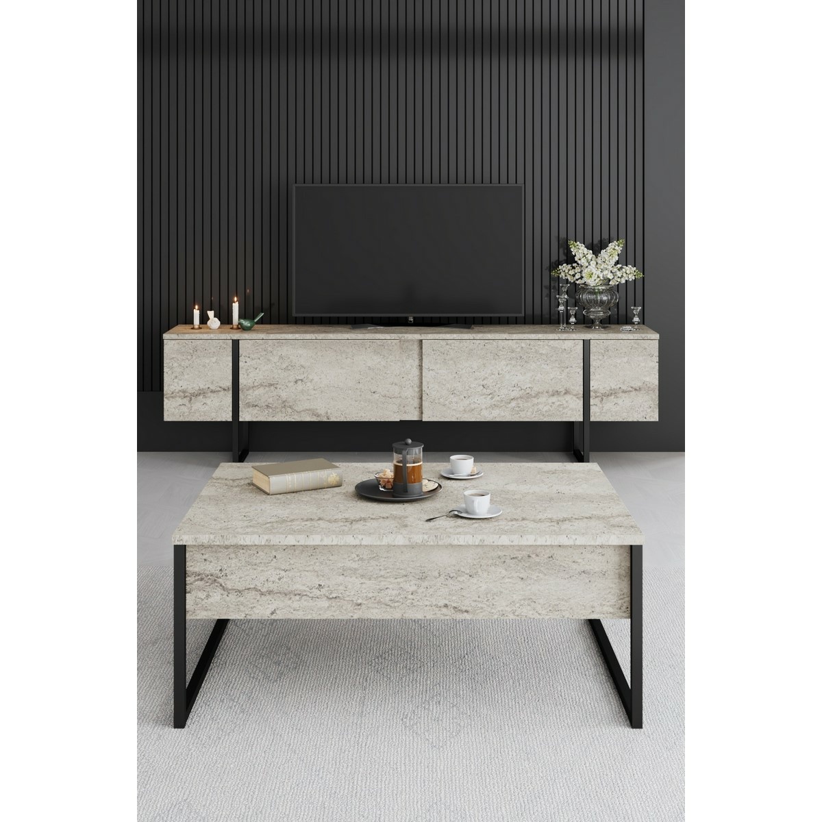 Konferenčný stolík Luxe Travertine and Black – Obrázok 2